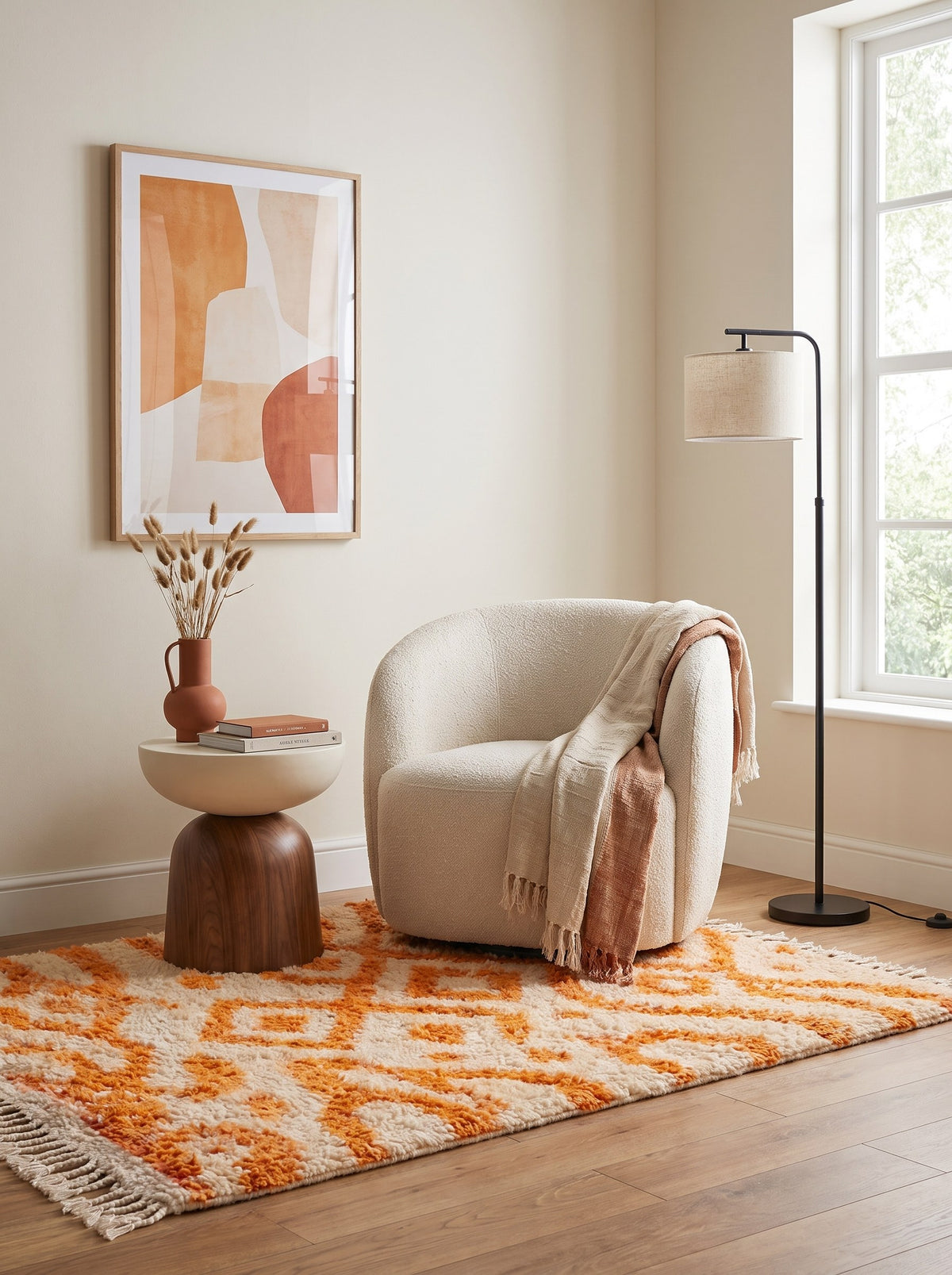 Remlia Berber rug, Azilal style, in white and orange, in a reading nook, hand-knotted in Morocco