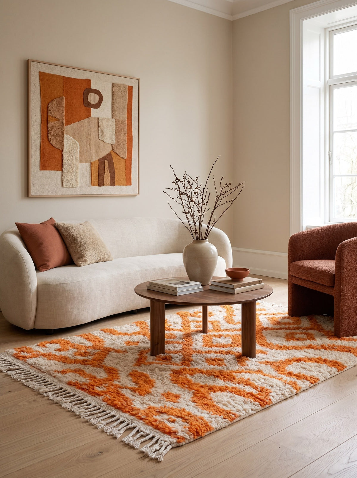 Remlia Berber rug, Azilal style, in white and orange, in another living room, hand-knotted in Morocco