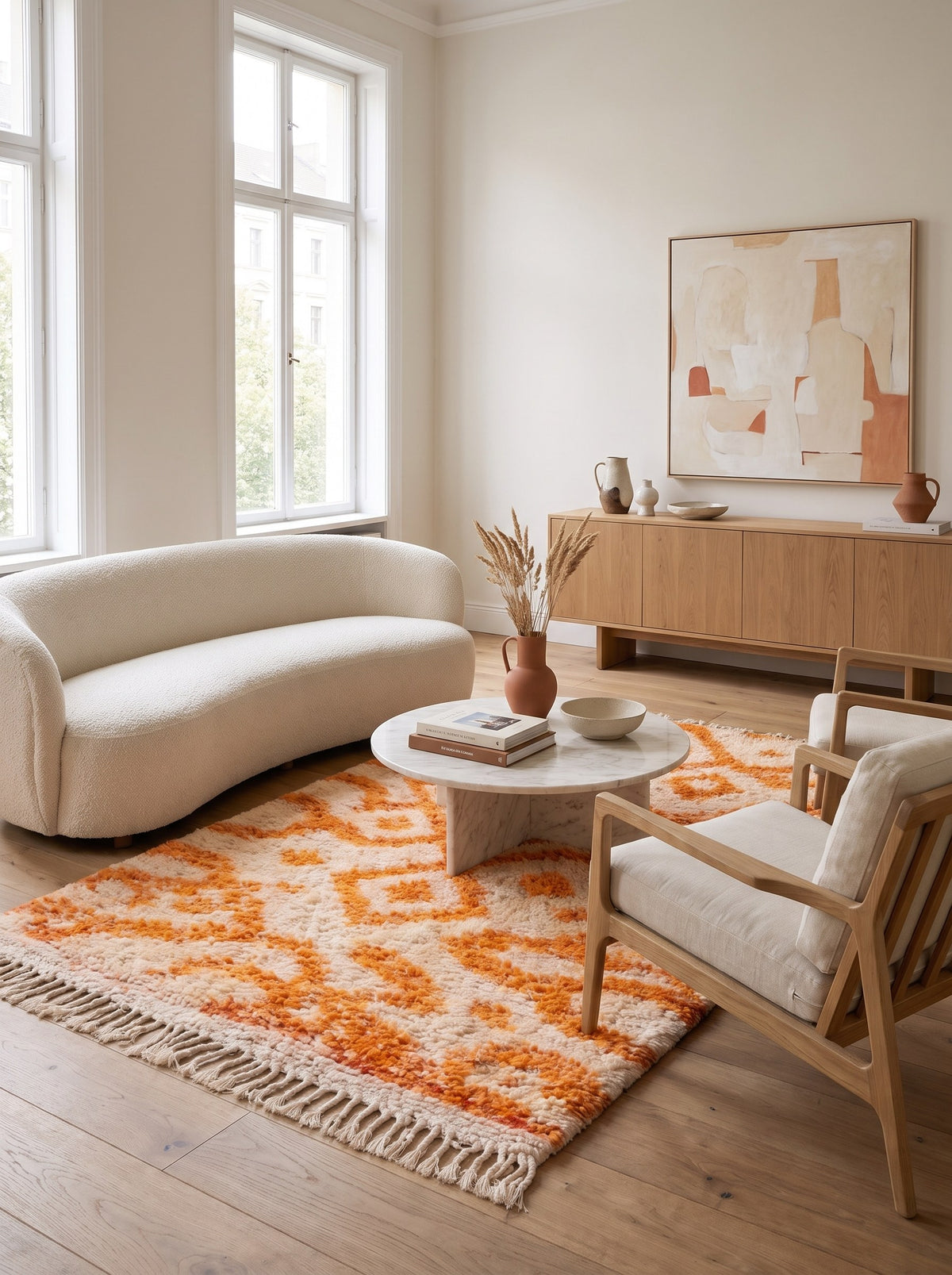 Remlia Berber rug, Azilal style, in white and orange, in a living room, hand-knotted in Morocco