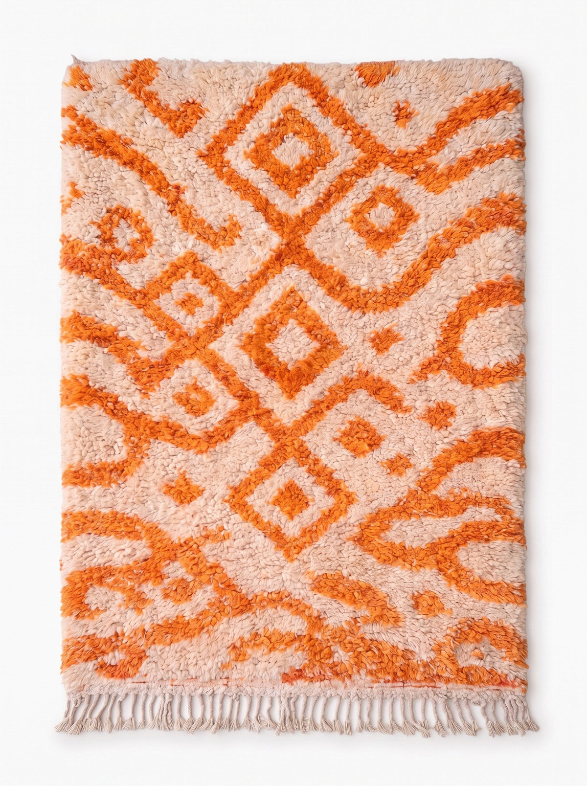 Remlia Berber rug, Azilal style, in white and orange, laid flat, long-pile ivory ground, diagonal lattice in the center