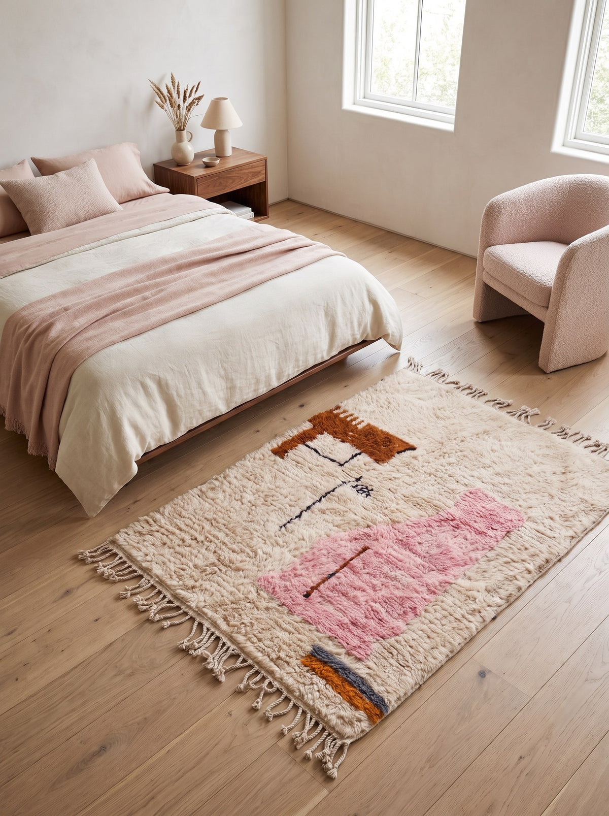 Tapis berbère style Azilal blanc et rose Steha dans une chambre, noué main au Maroc