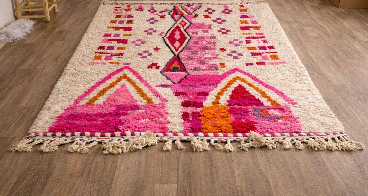 Tapis berbère style Azilal blanc et rose Tirzana posé au sol vu de côté, noué main au Maroc
