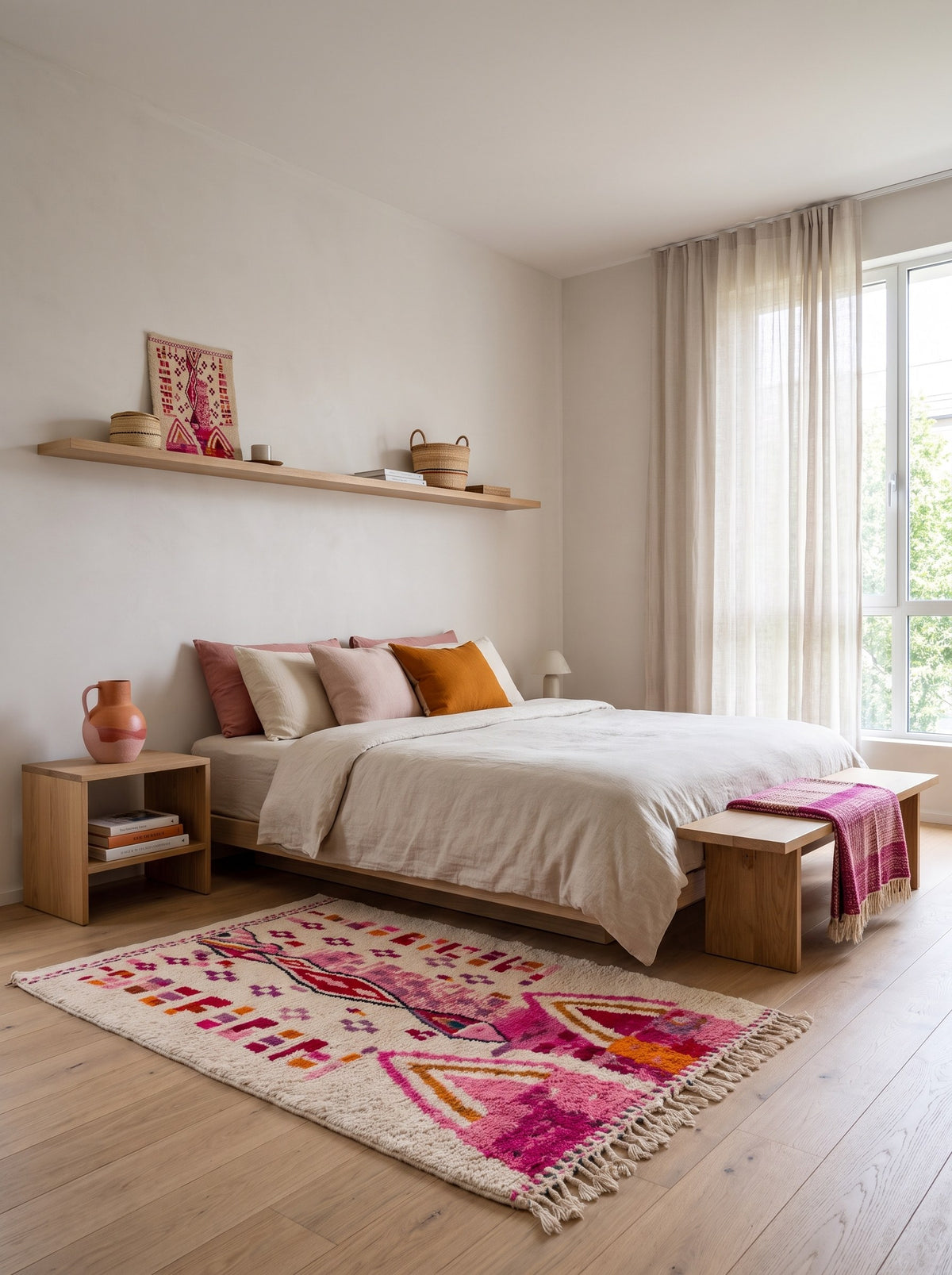 Tapis berbère style Azilal blanc et rose Tirzana dans une chambre, noué main au Maroc