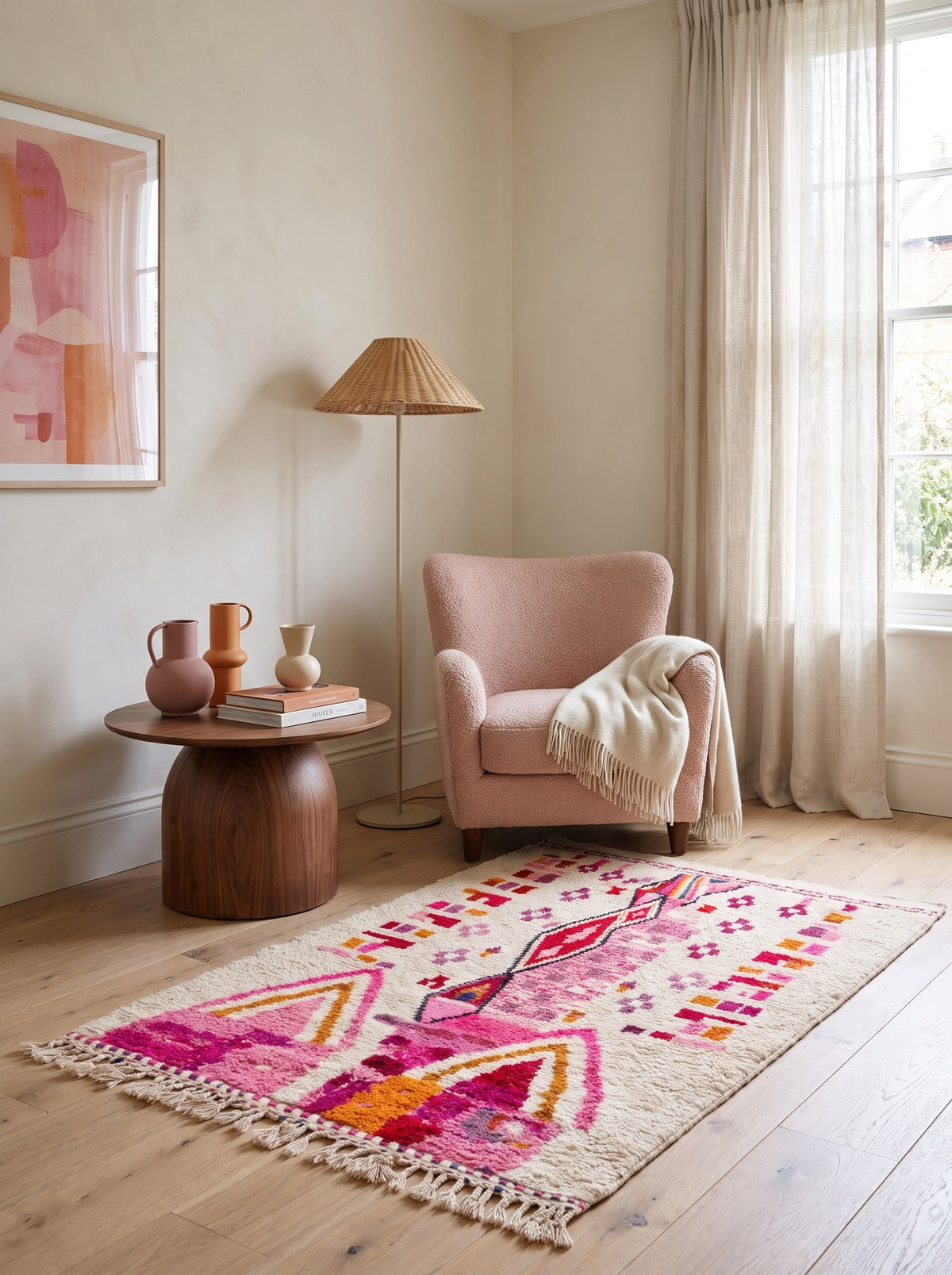 Tapis berbère style Azilal blanc et rose Tirzana dans un coin lecture, noué main au Maroc