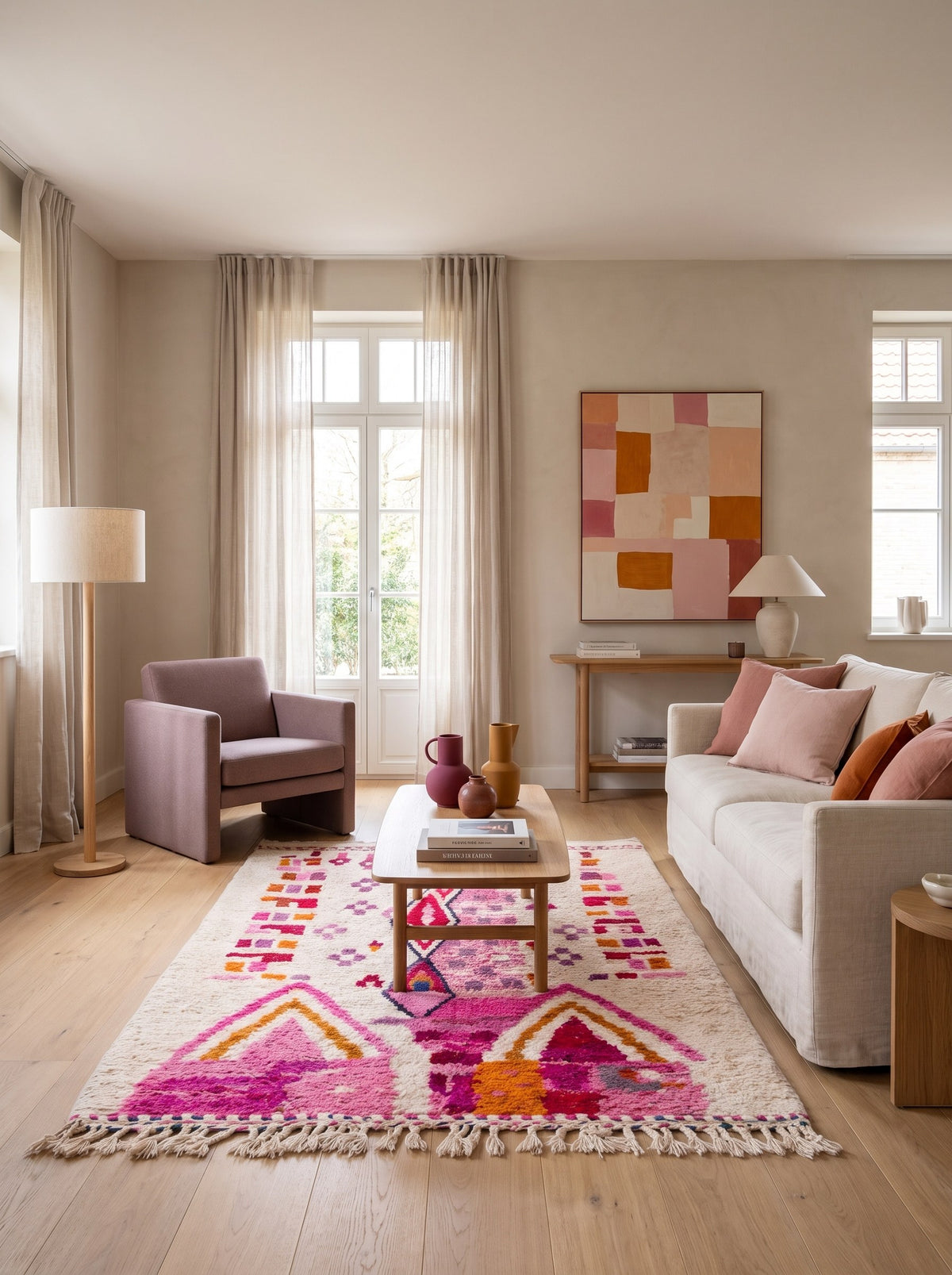 Tapis berbère style Azilal blanc et rose Tirzana dans un autre salon, noué main au Maroc
