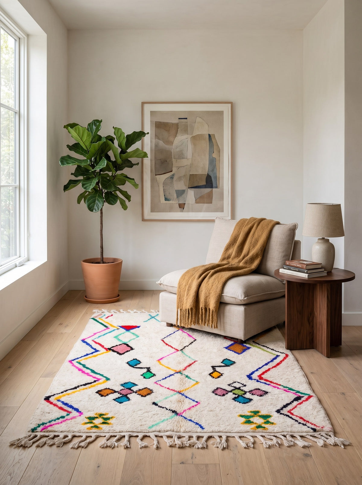Tapis berbère style Azilal blanc multicolore Tafirwa dans un coin lecture, noué main au Maroc