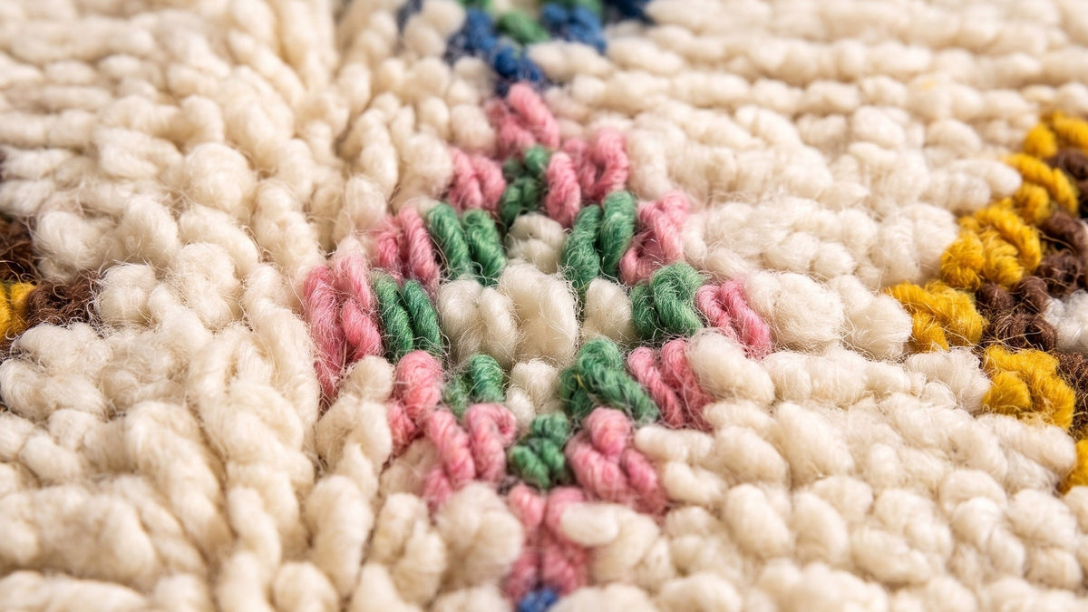 Gros plan sur la laine du tapis berbère Tafirwa, poil blanc multicolore noué à la main