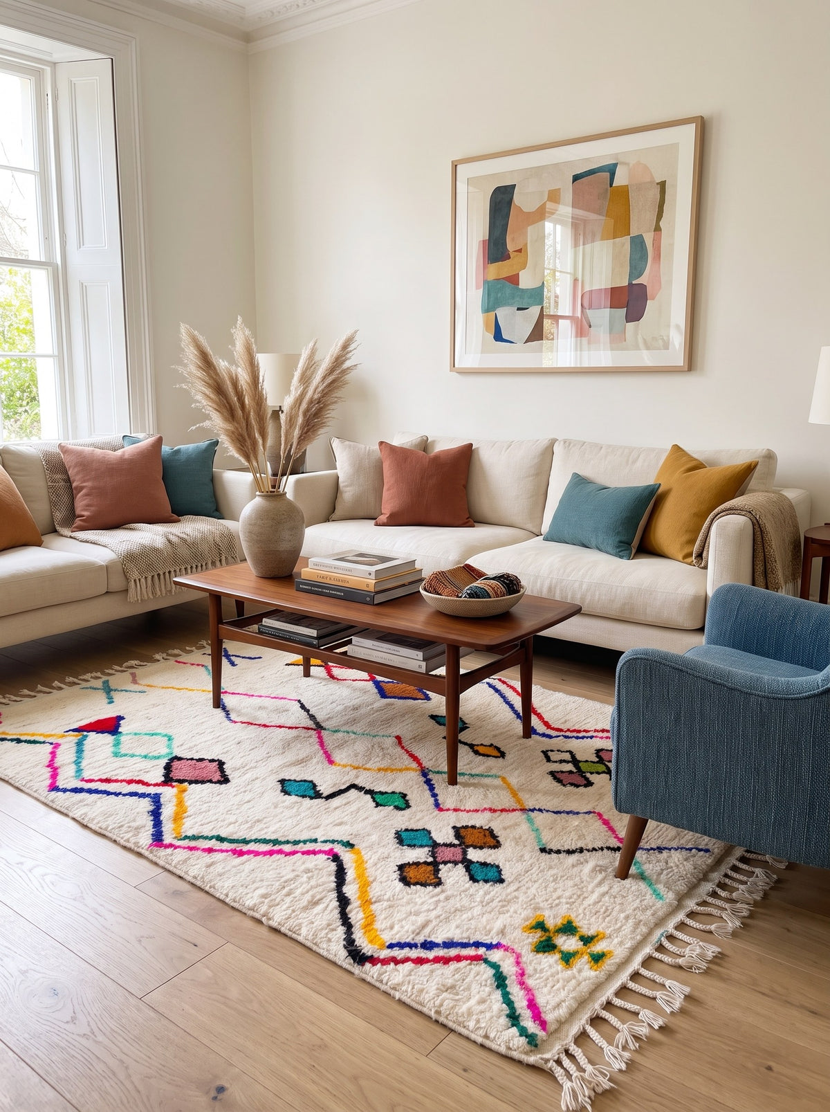 Tapis berbère style Azilal blanc multicolore Tafirwa dans un autre salon, noué main au Maroc