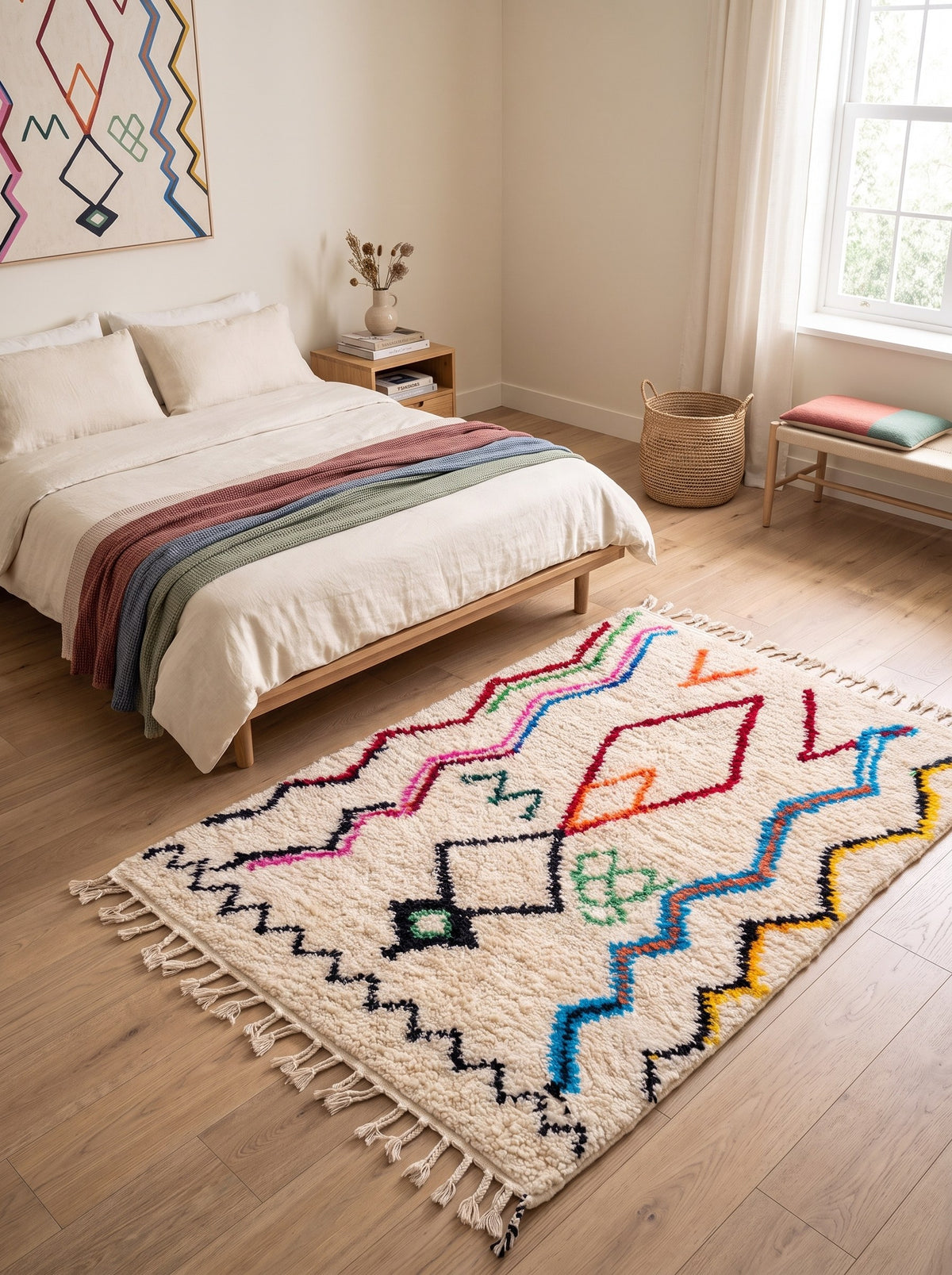 Tapis berbère style Azilal blanc multicolore Tifinagh dans une chambre, noué main au Maroc