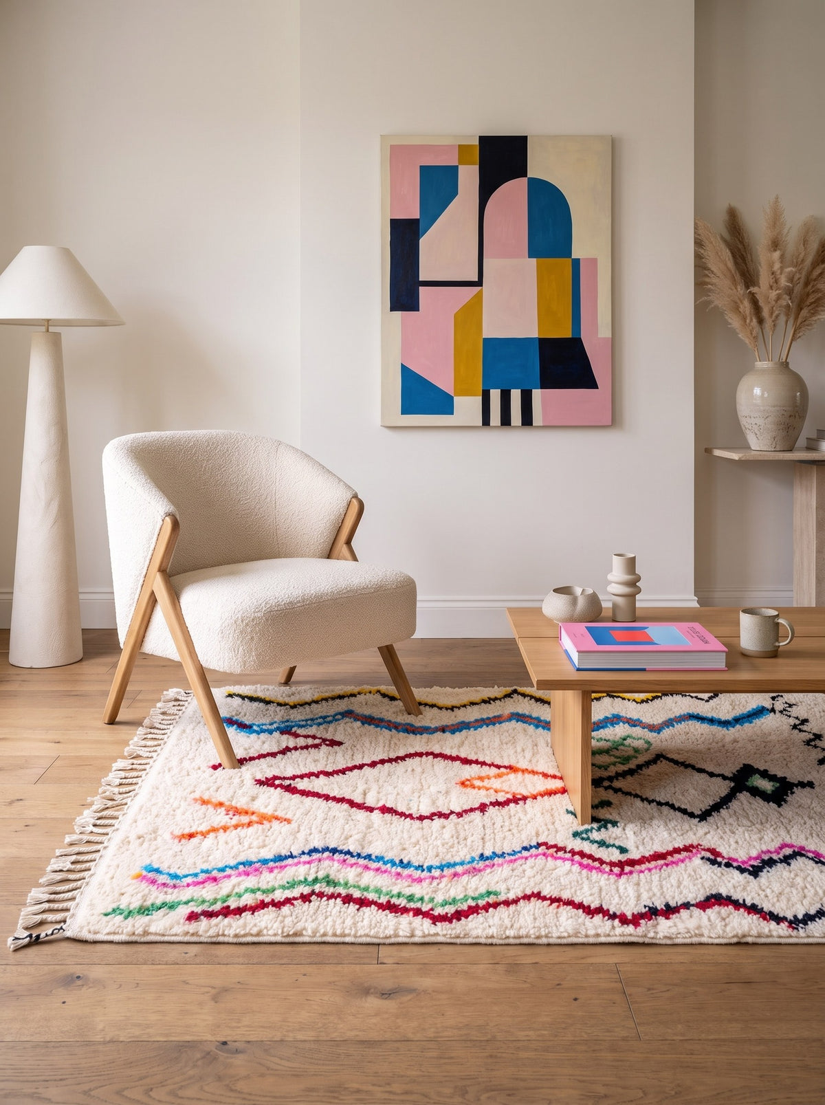 Tapis berbère style Azilal blanc multicolore Tifinagh dans un coin lecture, noué main au Maroc