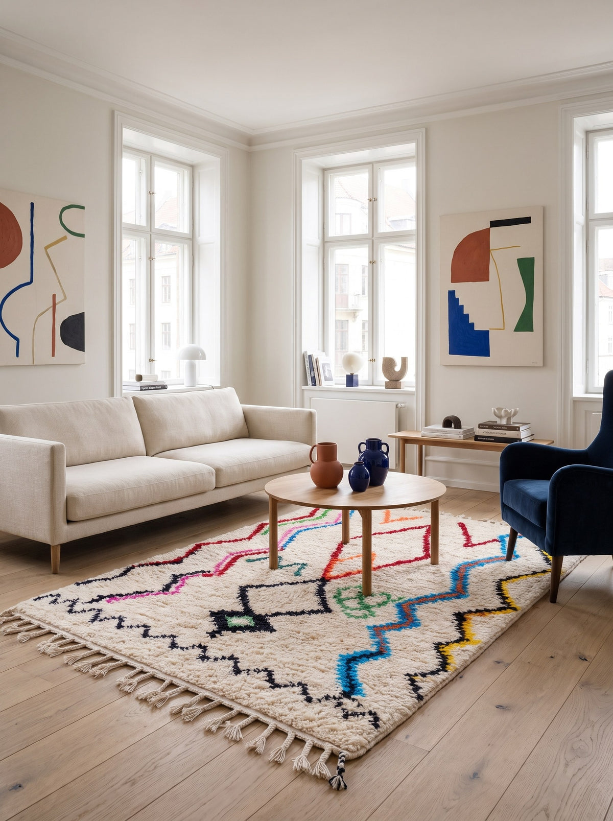 Tapis berbère style Azilal blanc multicolore Tifinagh dans un autre salon, noué main au Maroc