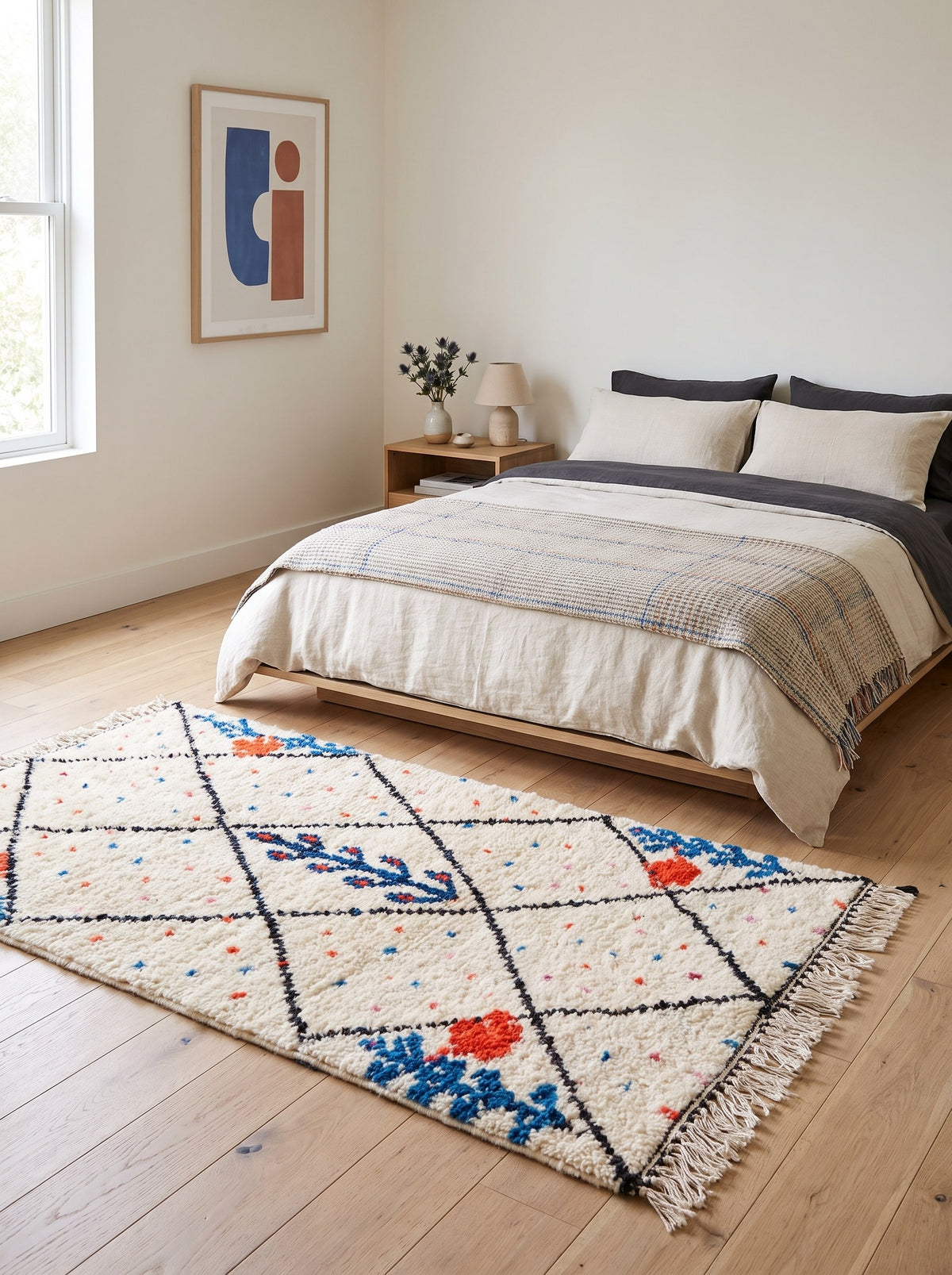 Tapis berbère style Azilal blanc, noir et bleu Timichi dans une chambre, noué main au Maroc