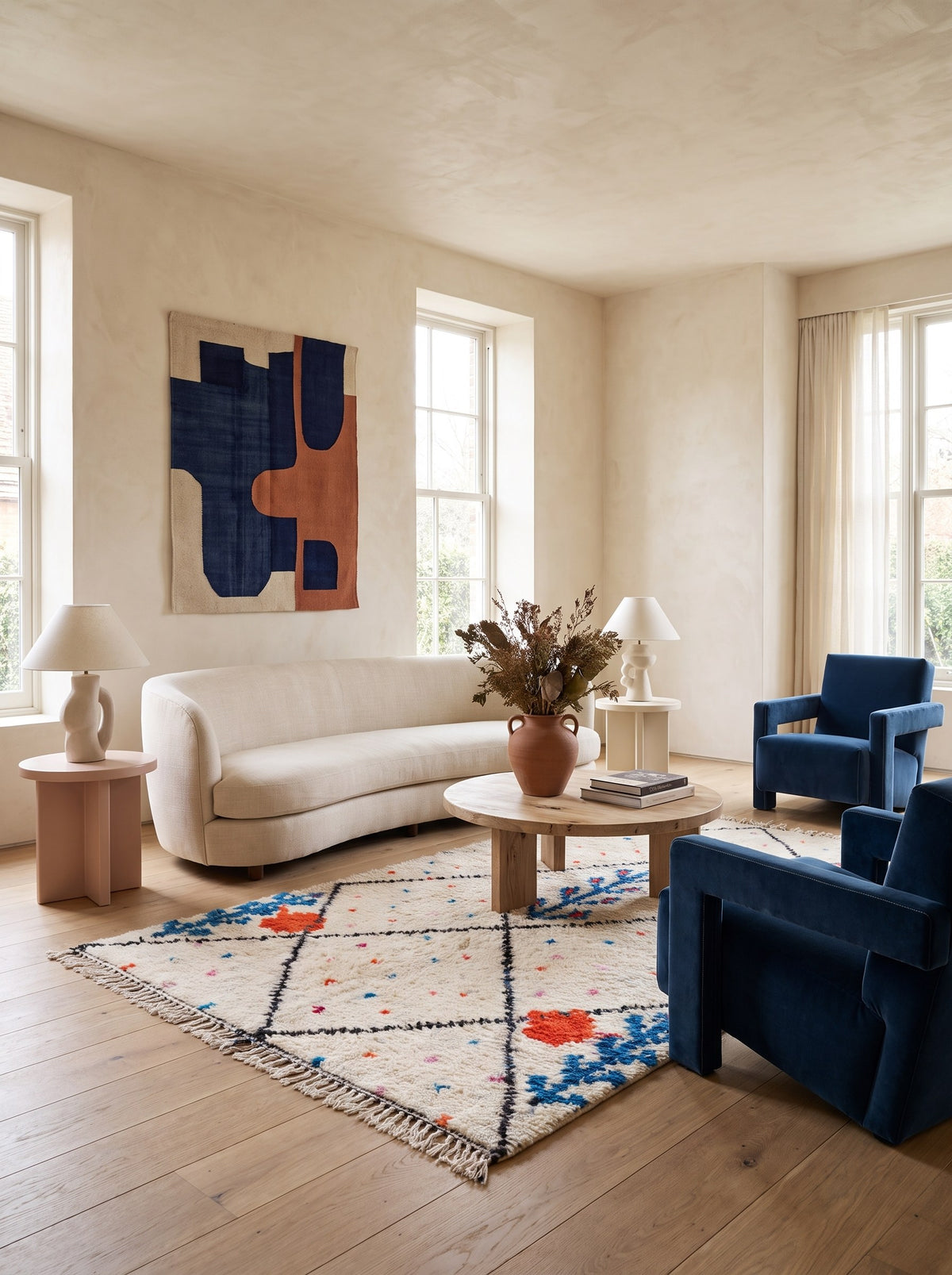 Tapis berbère style Azilal blanc, noir et bleu Timichi dans un autre salon, noué main au Maroc