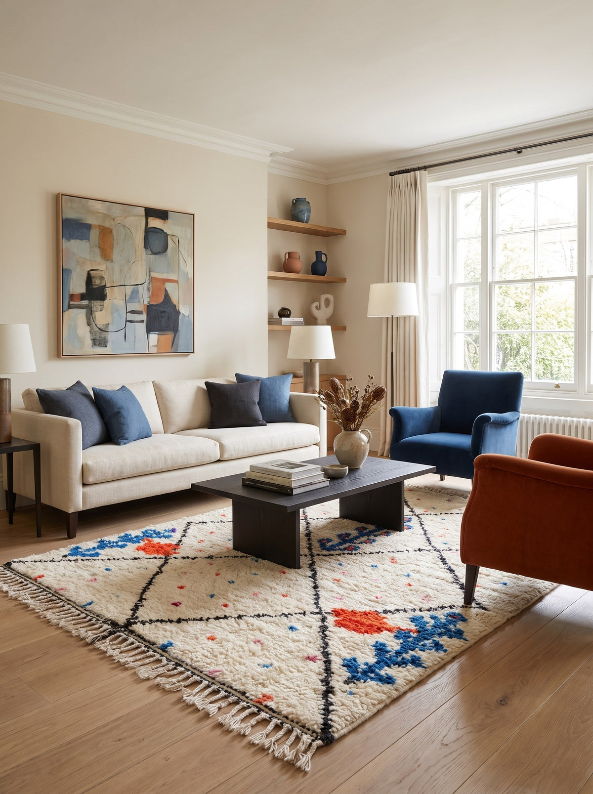 Tapis berbère style Azilal blanc, noir et bleu Timichi dans un salon, noué main au Maroc