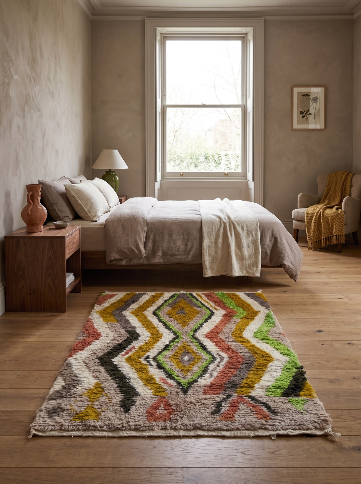 Tapis berbère style Azilal moutarde et vert Nabroud dans une chambre, noué main au Maroc