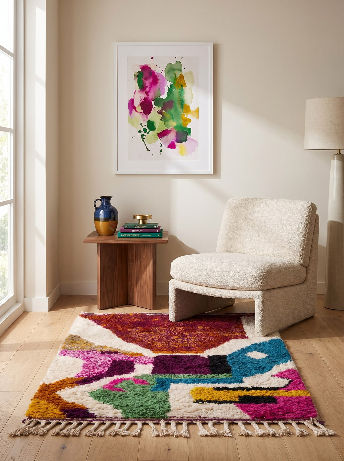 Tapis berbère style Azilal multicolore Amaynut dans un coin lecture, noué main au Maroc