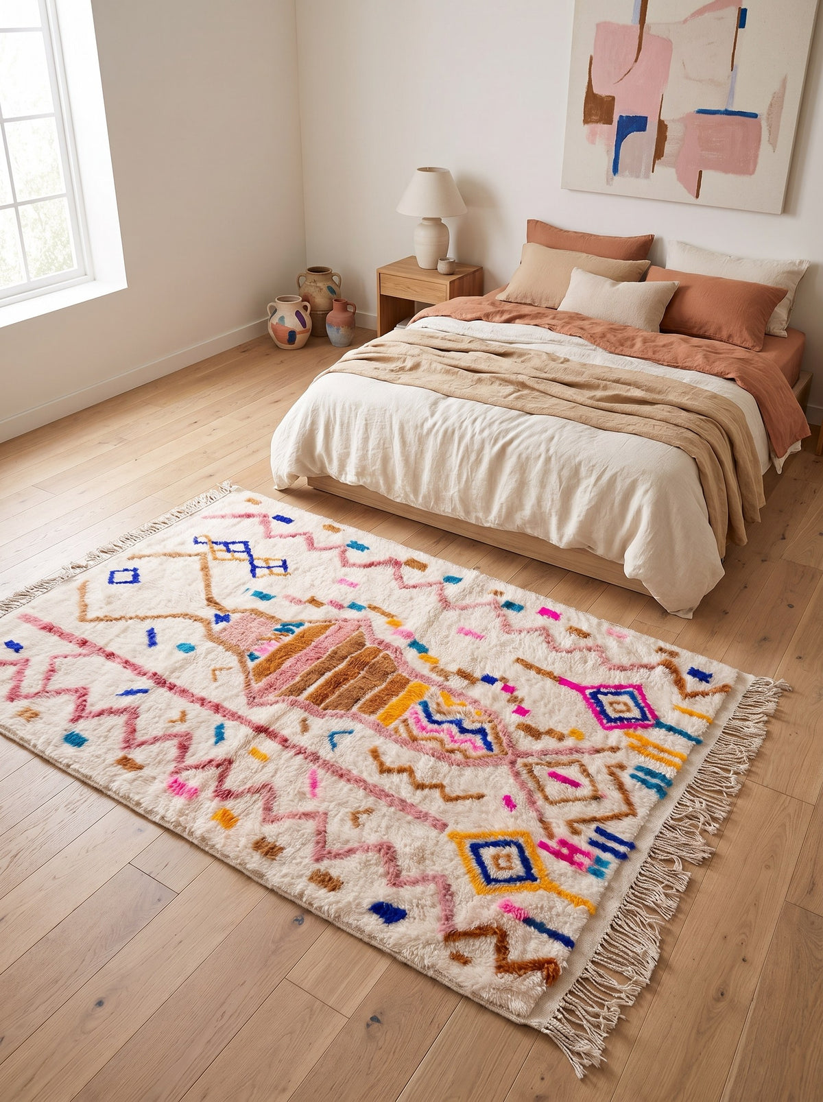 Tapis berbère style Azilal multicolore Demnate dans une chambre, noué main au Maroc
