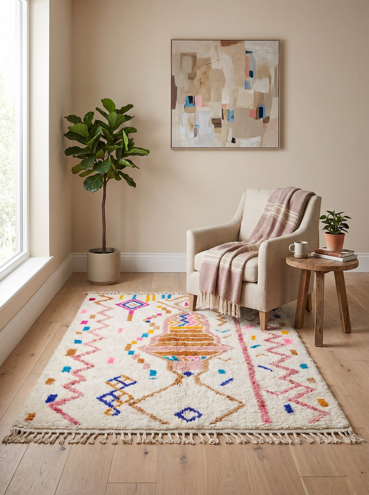 Tapis berbère style Azilal multicolore Demnate dans un coin lecture, noué main au Maroc