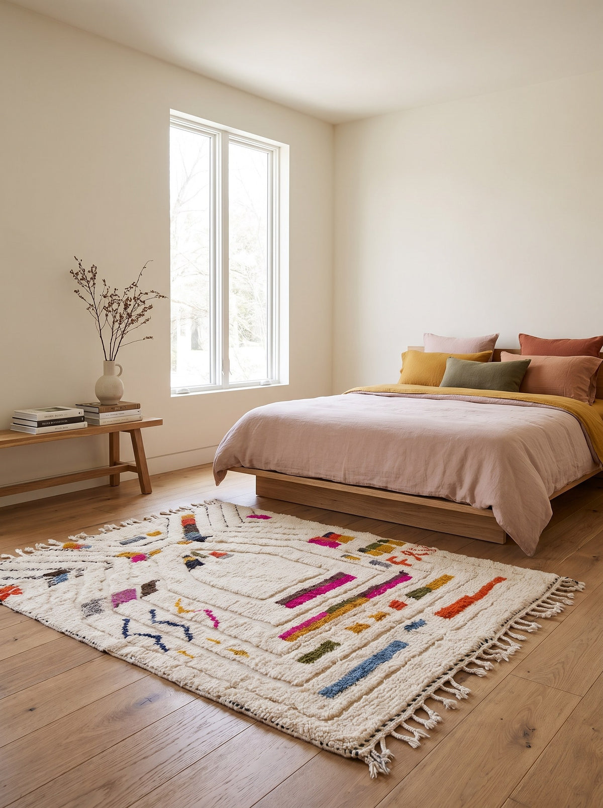 Tapis berbère style Azilal multicolore Rezgad dans une chambre, noué main au Maroc