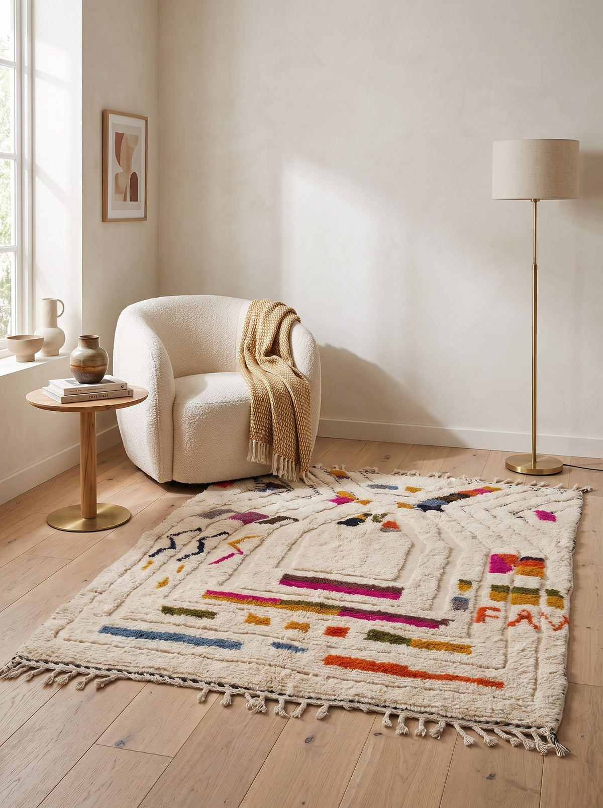 Tapis berbère style Azilal multicolore Rezgad dans un coin lecture, noué main au Maroc