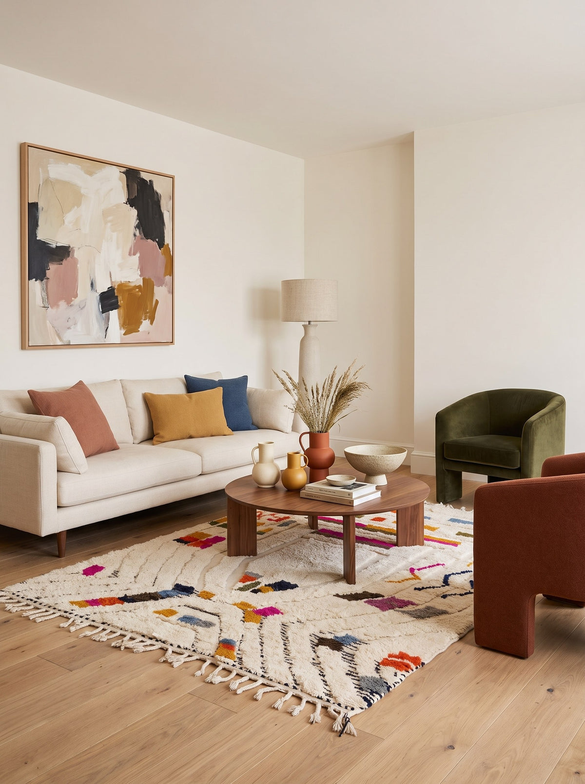 Tapis berbère style Azilal multicolore Rezgad dans un autre salon, noué main au Maroc