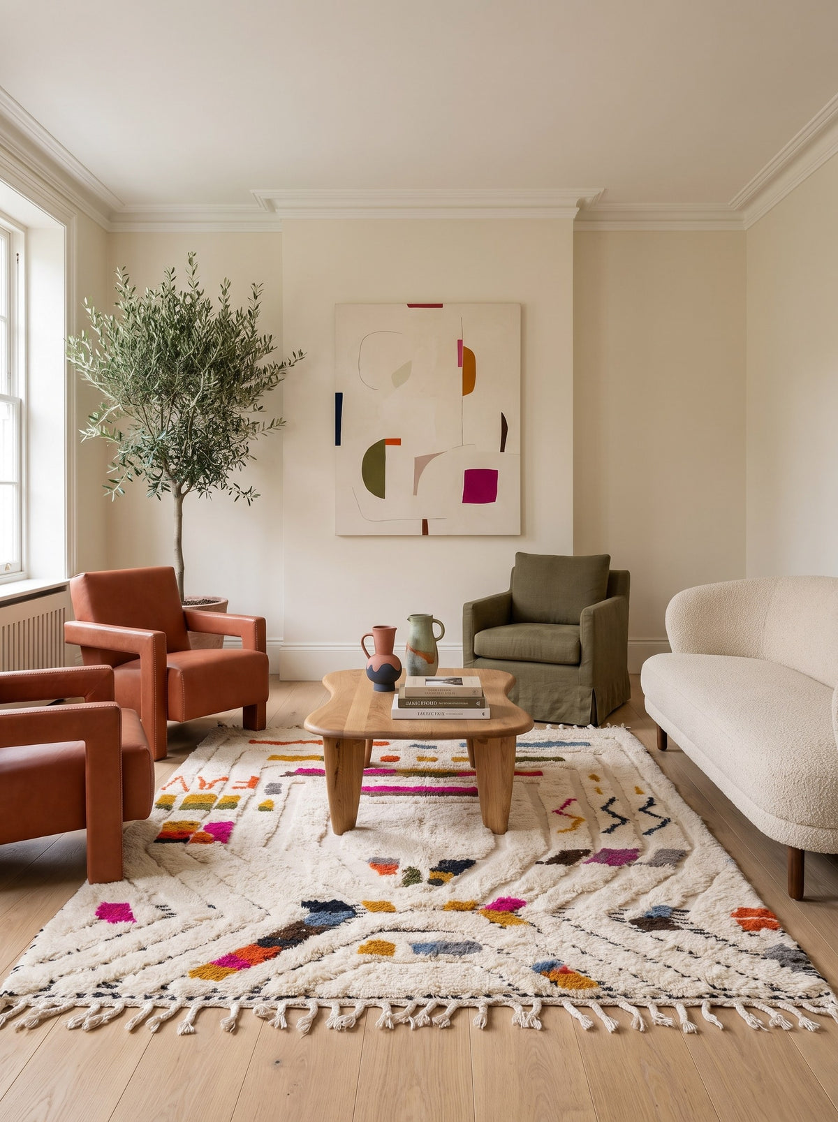 Tapis berbère style Azilal multicolore Rezgad dans un salon, noué main au Maroc