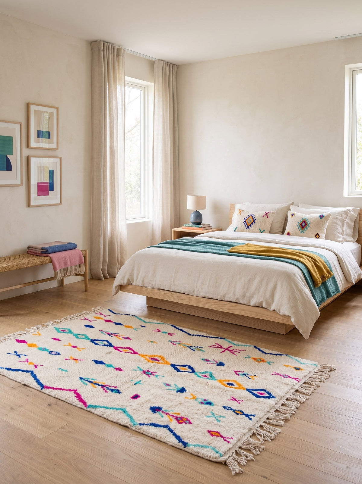 Tapis berbère style Azilal multicolore Sekkura dans une chambre, noué main au Maroc