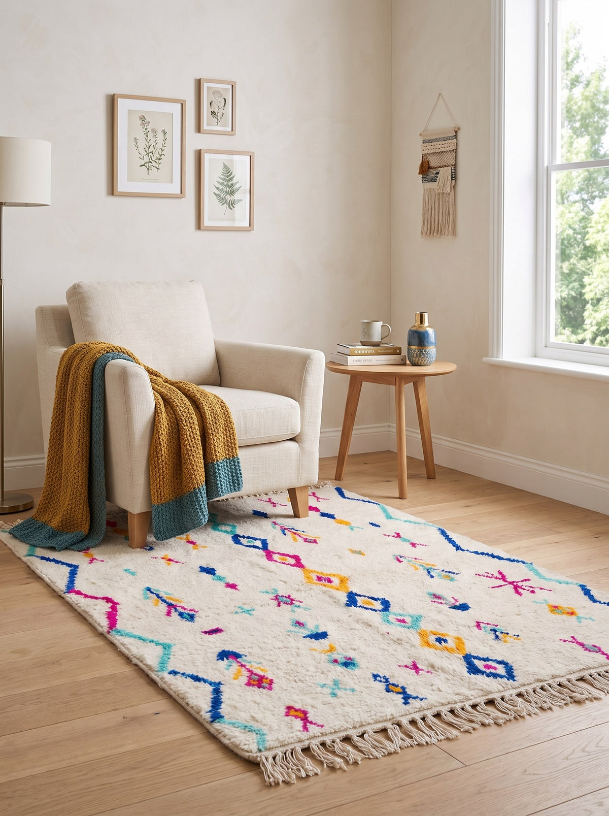Tapis berbère style Azilal multicolore Sekkura dans un coin lecture, noué main au Maroc