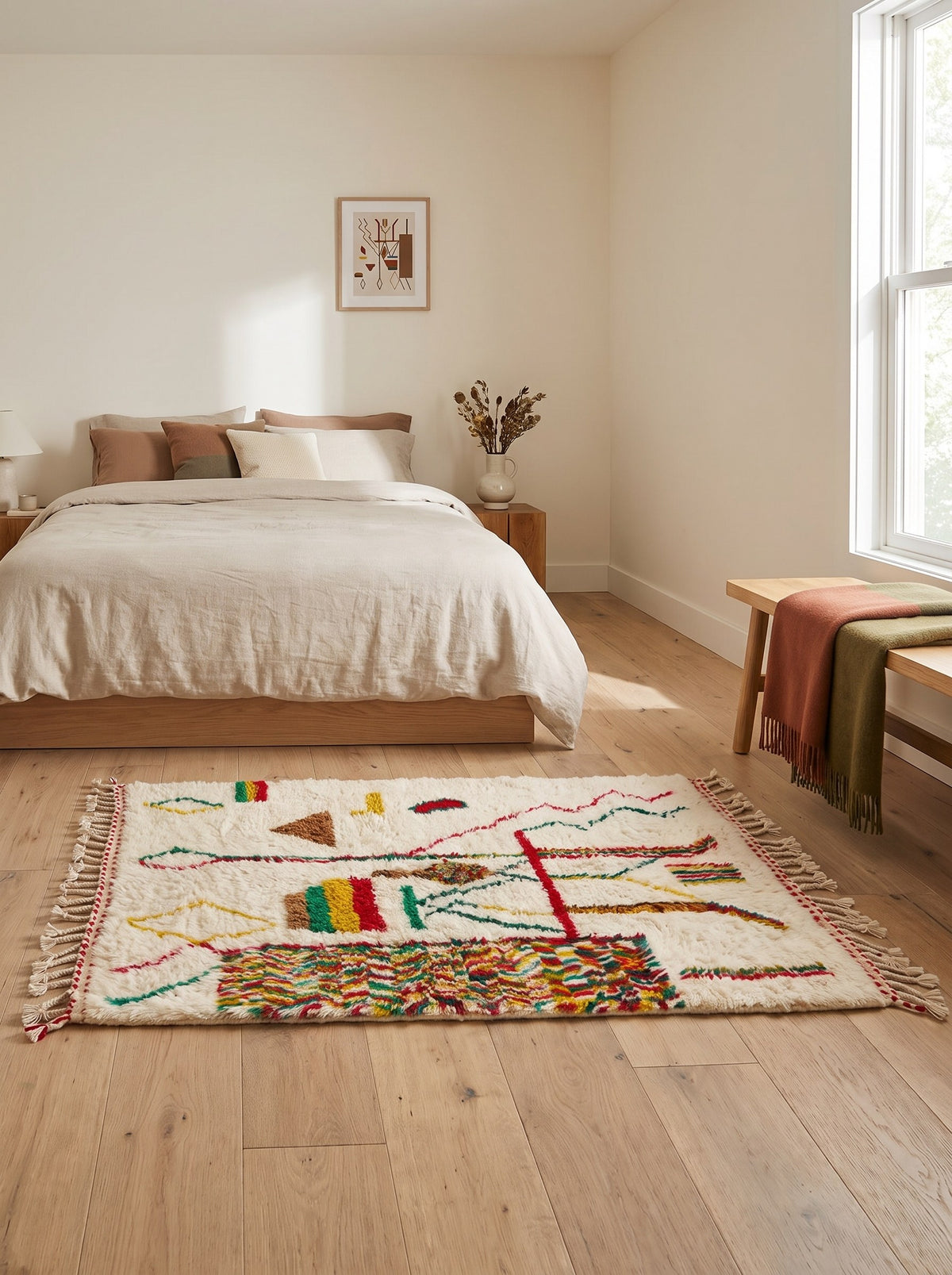 Tapis berbère style Azilal multicolore Tabant dans une chambre, noué main au Maroc