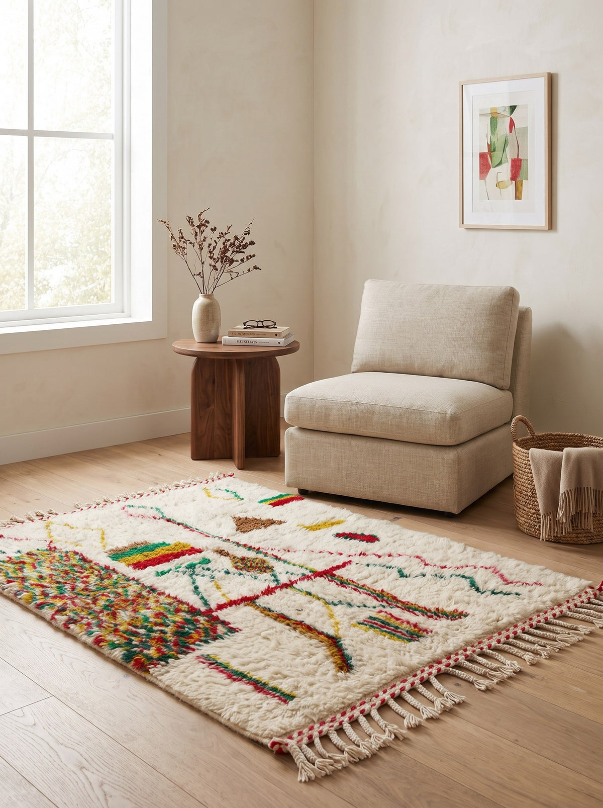 Tapis berbère style Azilal multicolore Tabant dans un coin lecture, noué main au Maroc