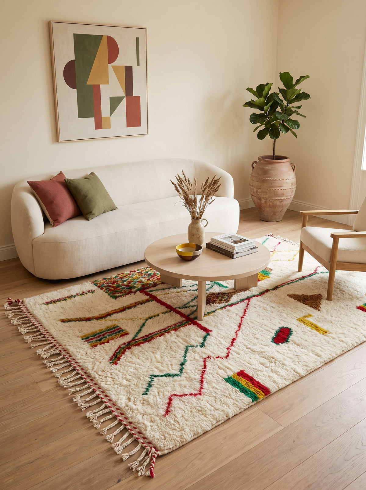 Tapis berbère style Azilal multicolore Tabant dans un autre salon, noué main au Maroc