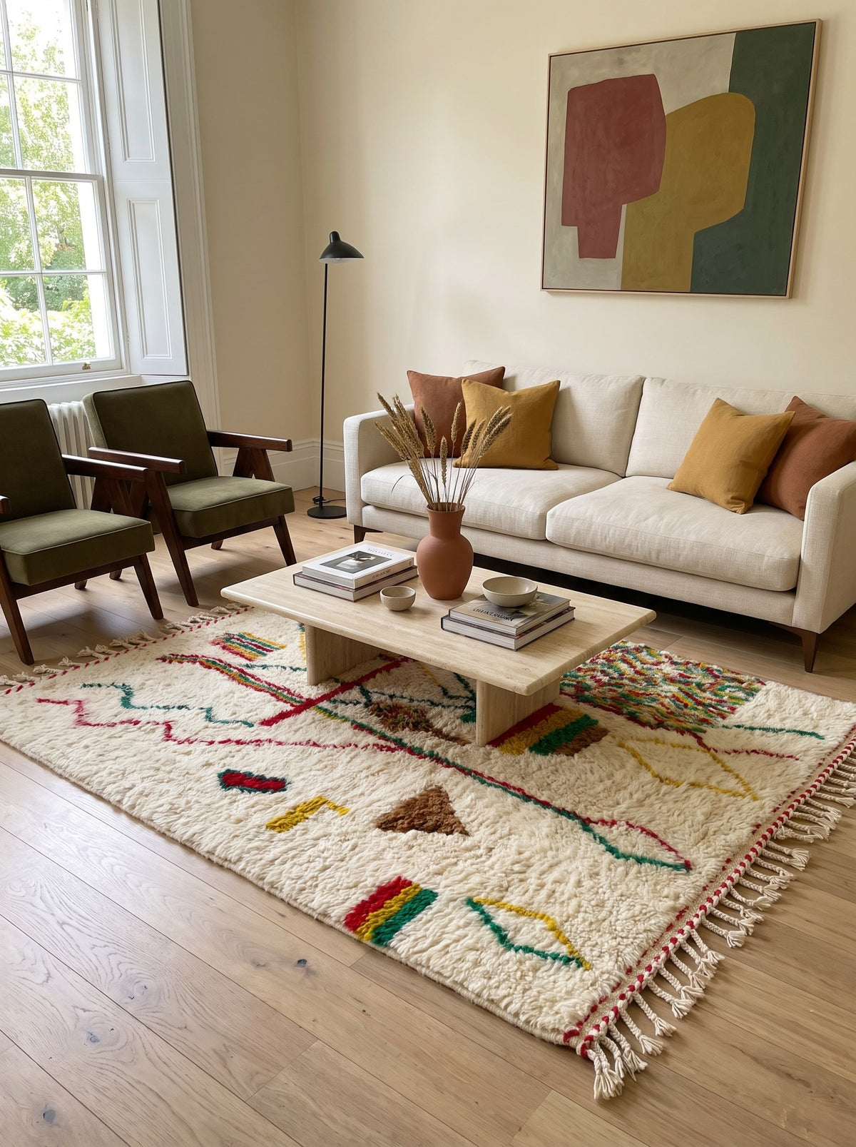 Tapis berbère style Azilal multicolore Tabant dans un salon, noué main au Maroc