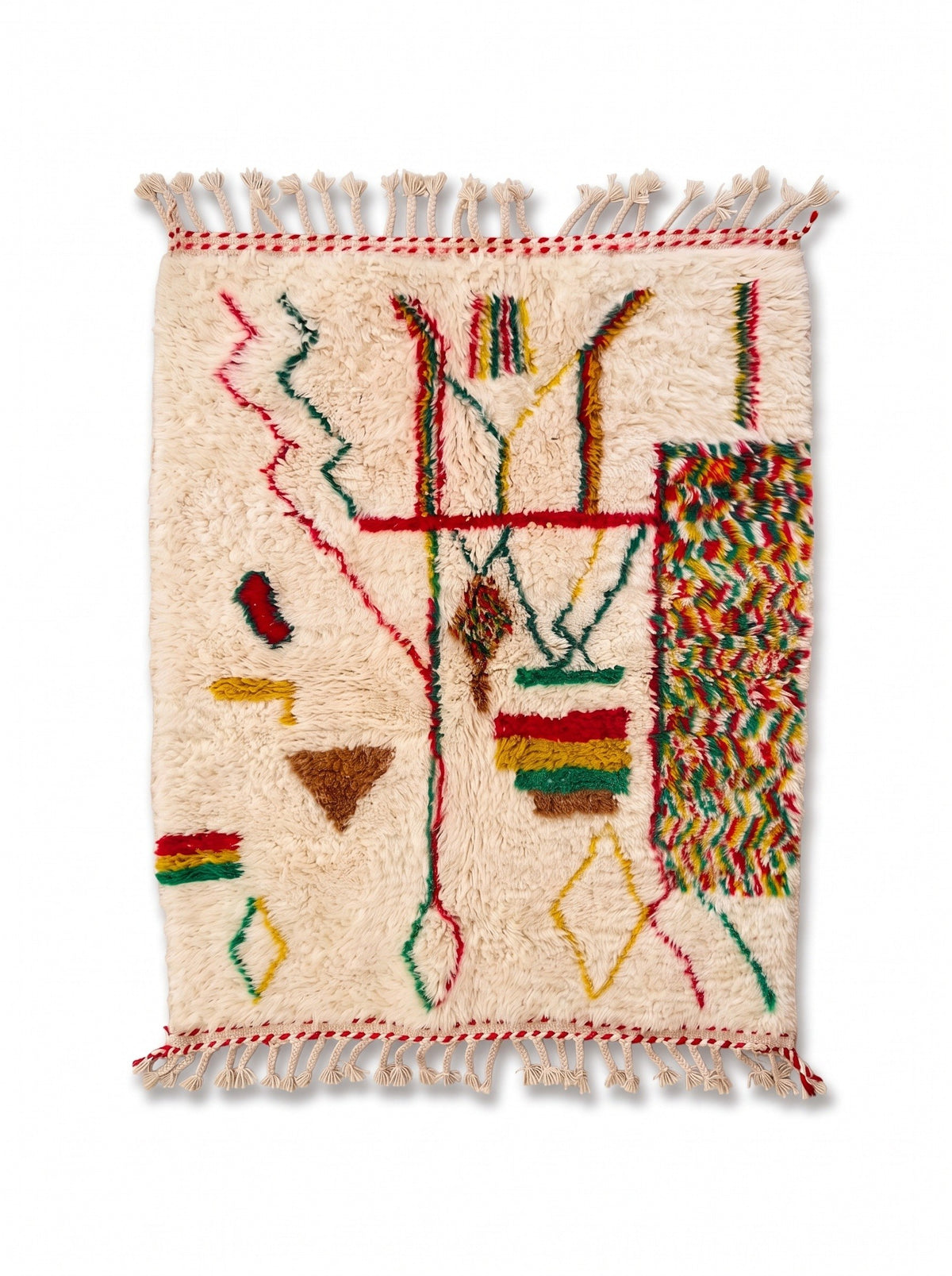 Tapis berbère style Azilal multicolore Tabant vu à plat, fond ivoire à poil long, à gauche grand bloc chiné