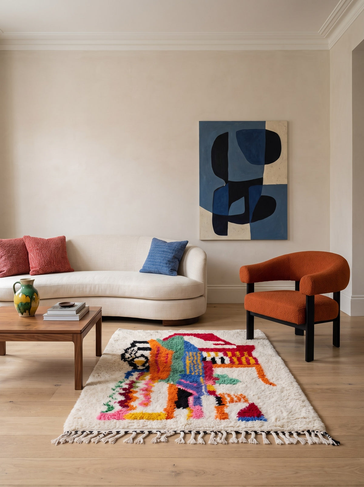 Tapis berbère style Azilal multicolore Tamawayt dans un autre salon, noué main au Maroc