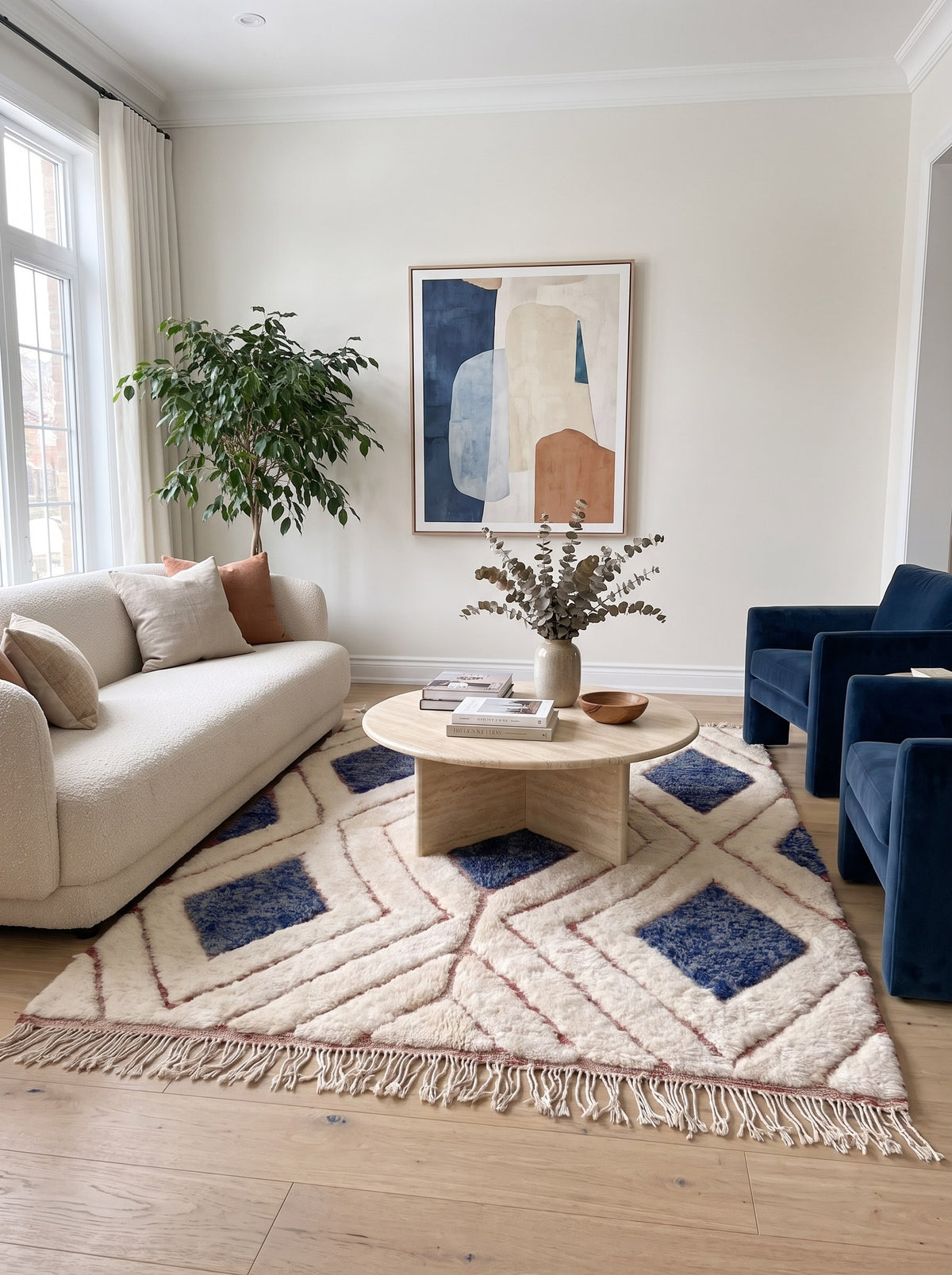 Tapis berbère style Beni Ouarain blanc et bleu Aman dans un salon, noué main au Maroc