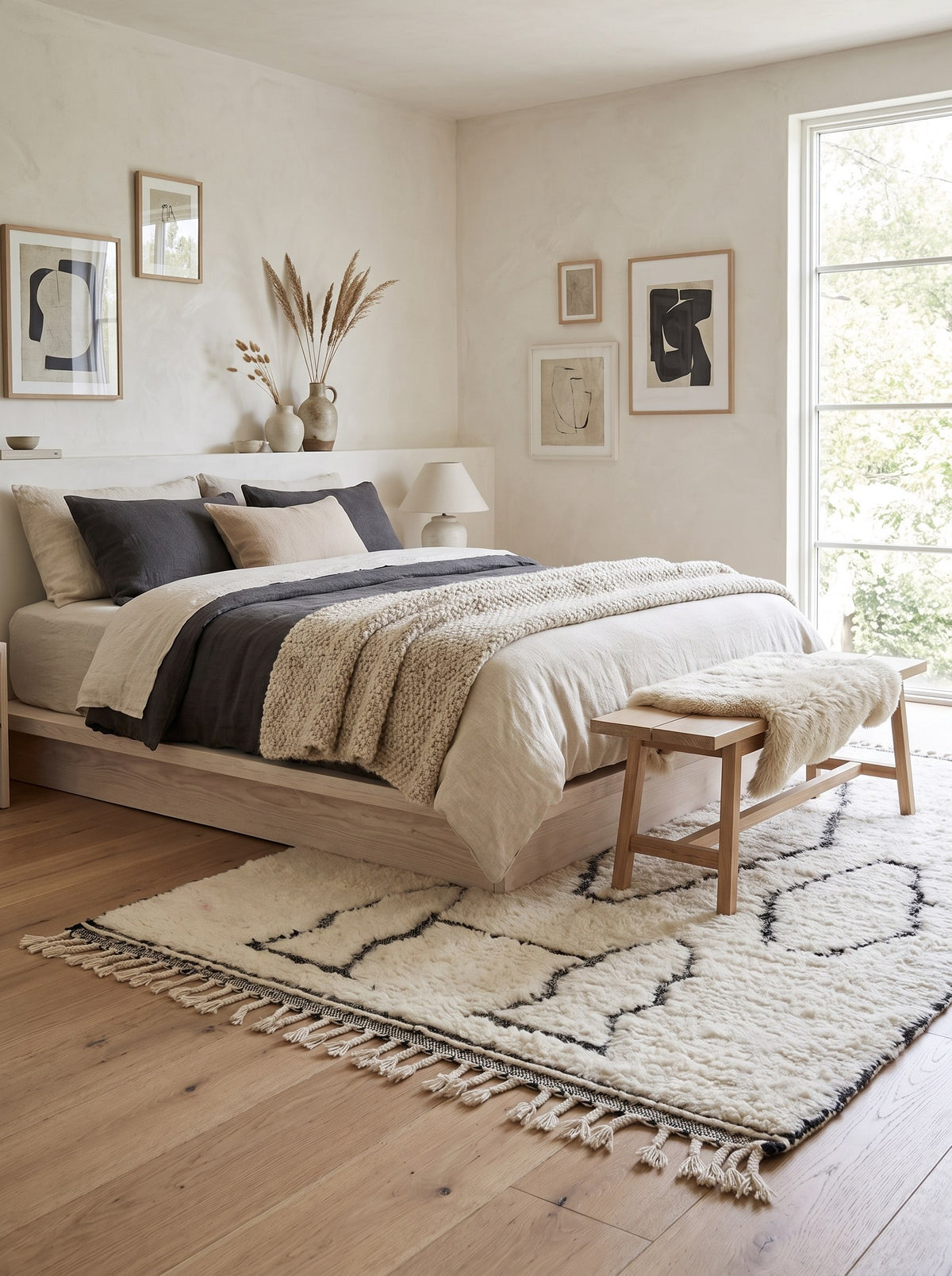 Tapis berbère style Beni Ouarain blanc et noir Elzira dans une chambre, noué main au Maroc