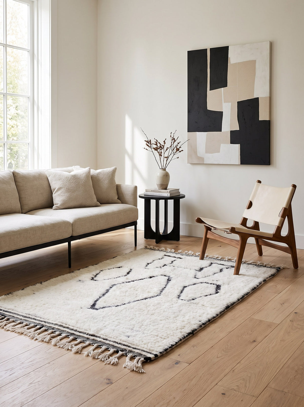 Tapis berbère style Beni Ouarain blanc et noir Elzira dans un autre salon, noué main au Maroc