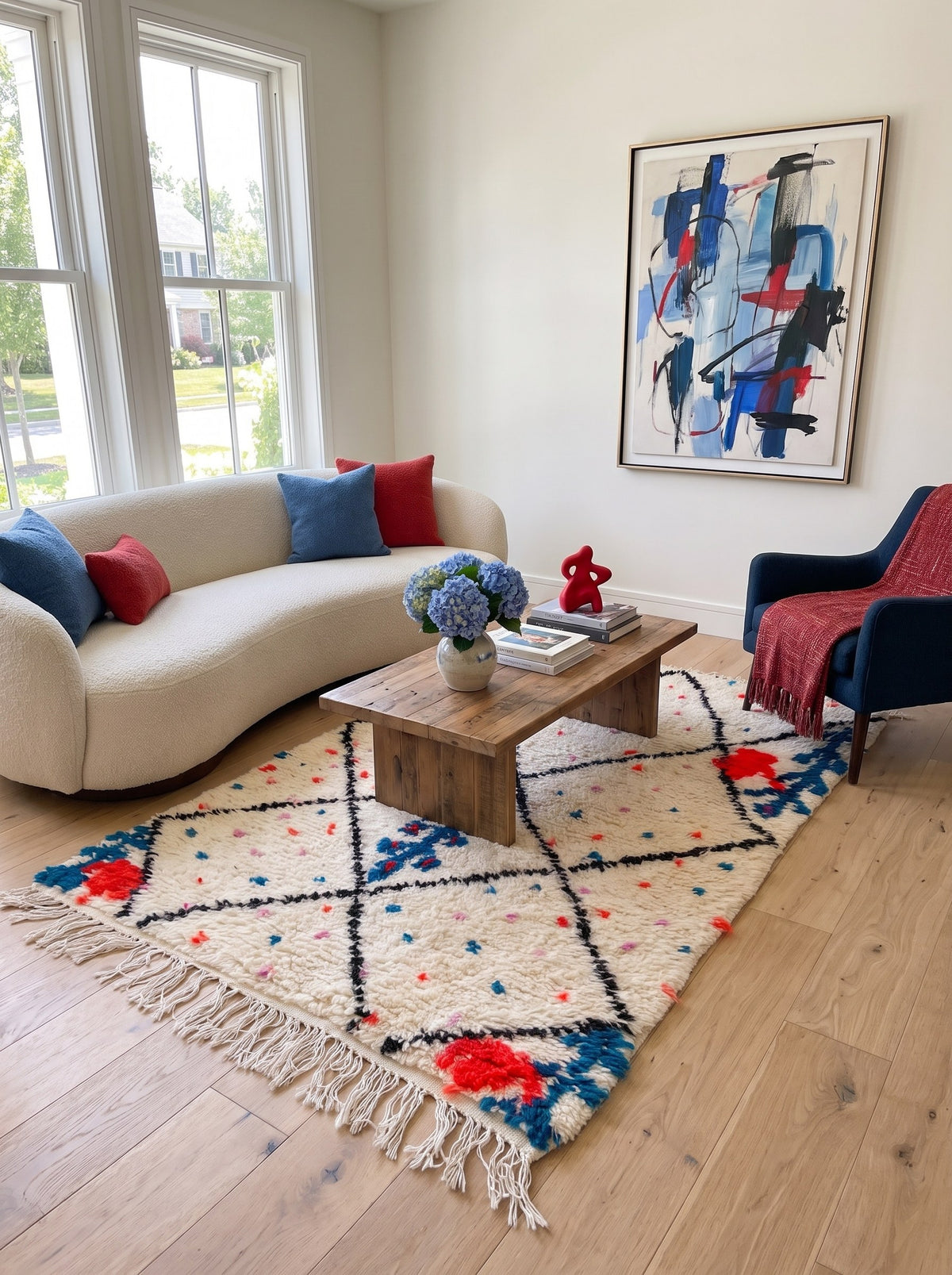 Tapis berbère style Beni Ouarain blanc et noir Idmim dans un autre salon, noué main au Maroc