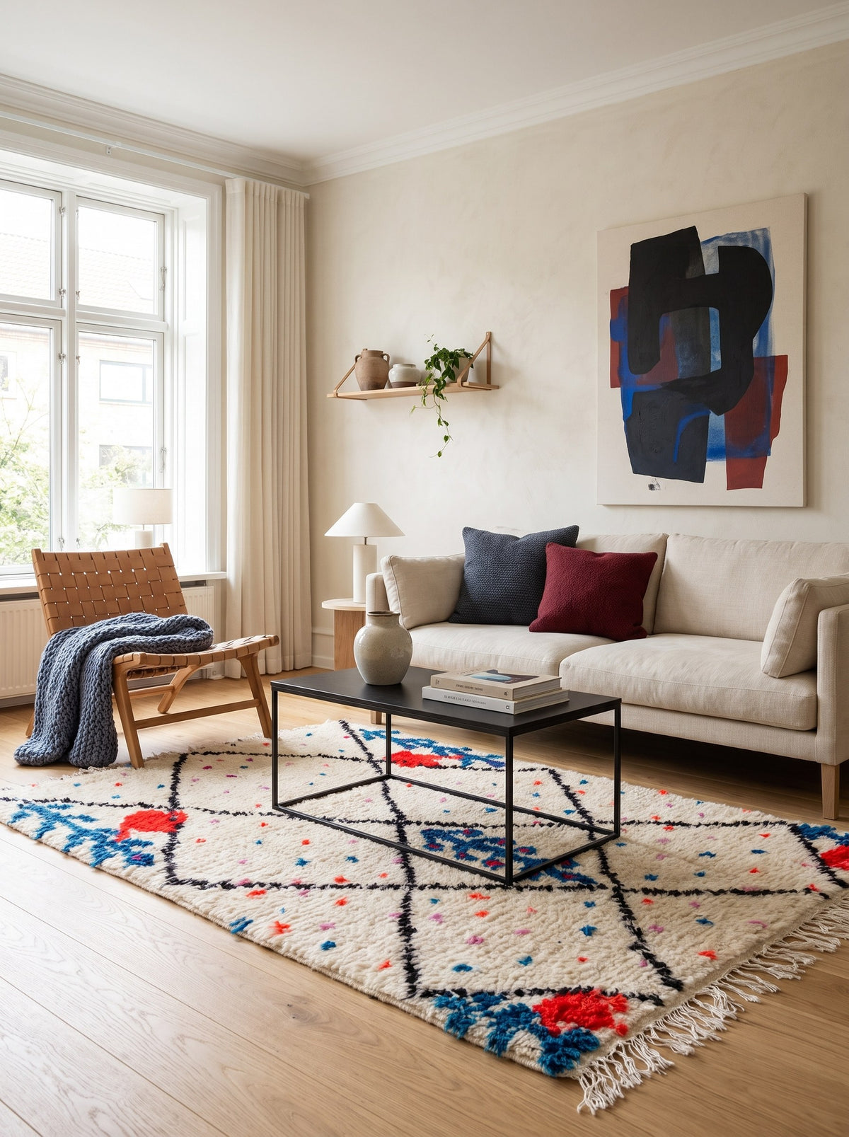 Tapis berbère style Beni Ouarain blanc et noir Idmim dans un salon, noué main au Maroc