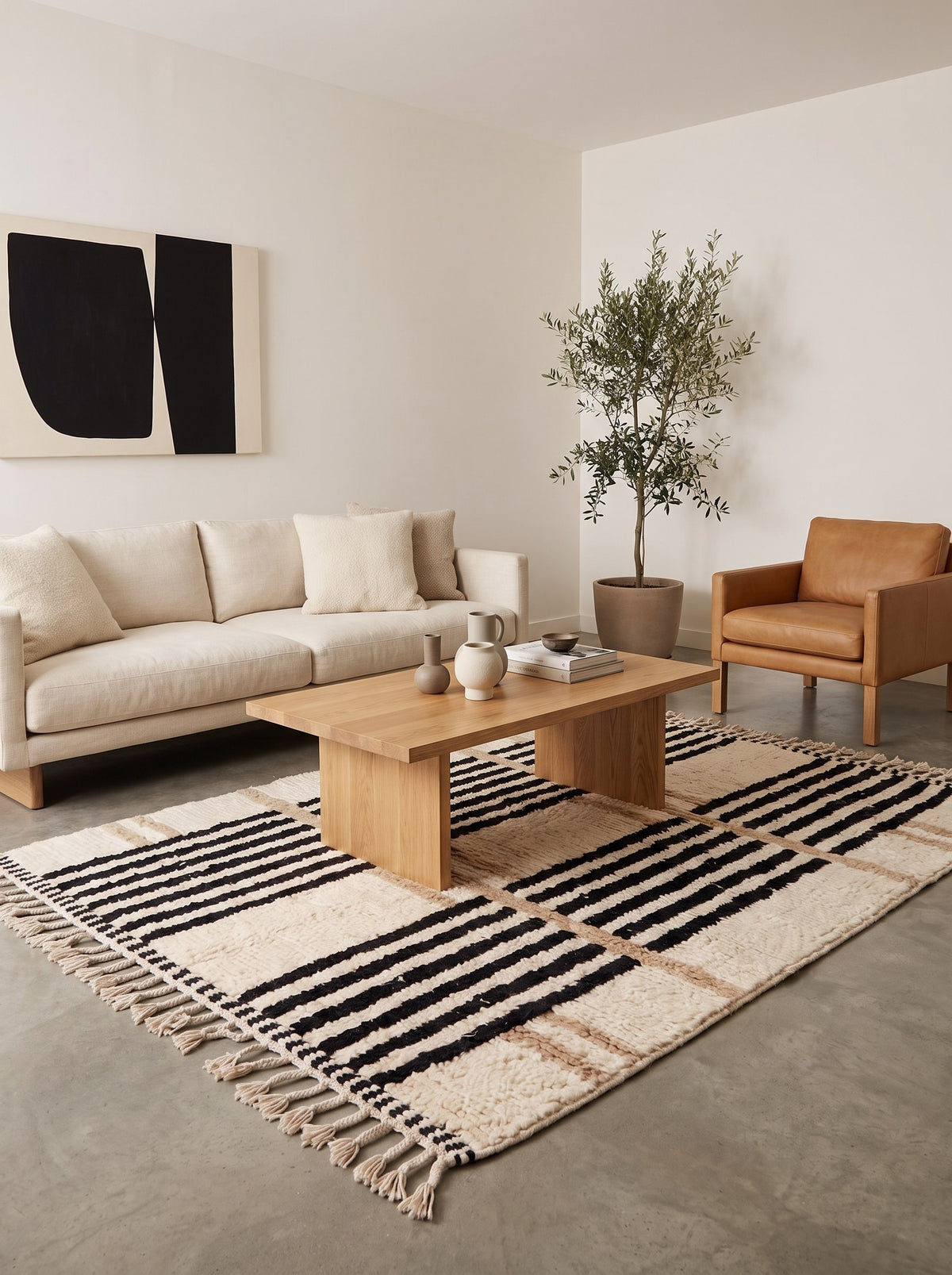 Tapis berbère style Beni Ouarain blanc et noir Kelti dans un salon, noué main au Maroc