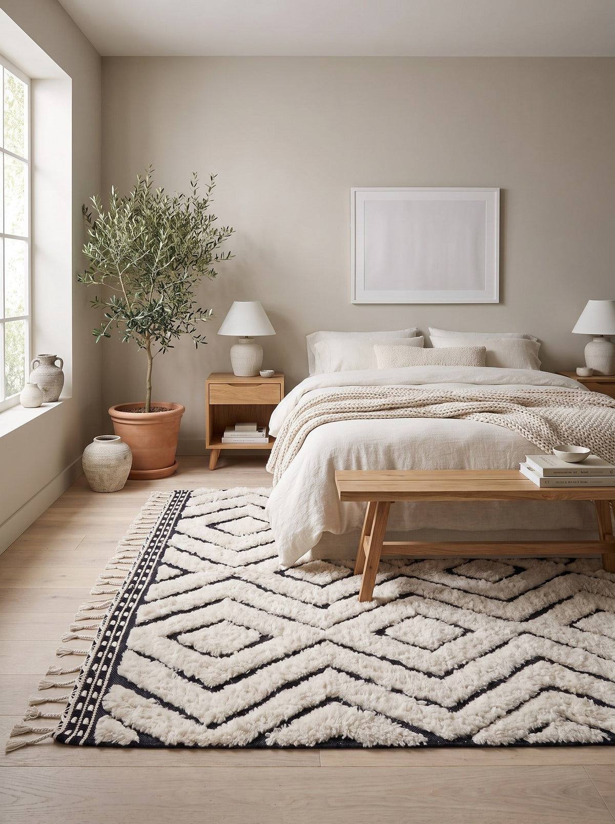 Tapis berbère style Beni Ouarain blanc et noir Ousmil dans une chambre, noué main au Maroc