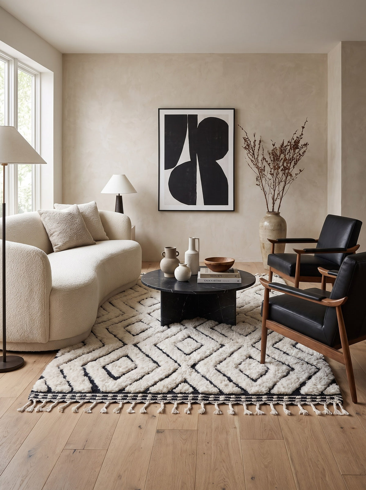 Tapis berbère style Beni Ouarain blanc et noir Ousmil dans un salon, noué main au Maroc