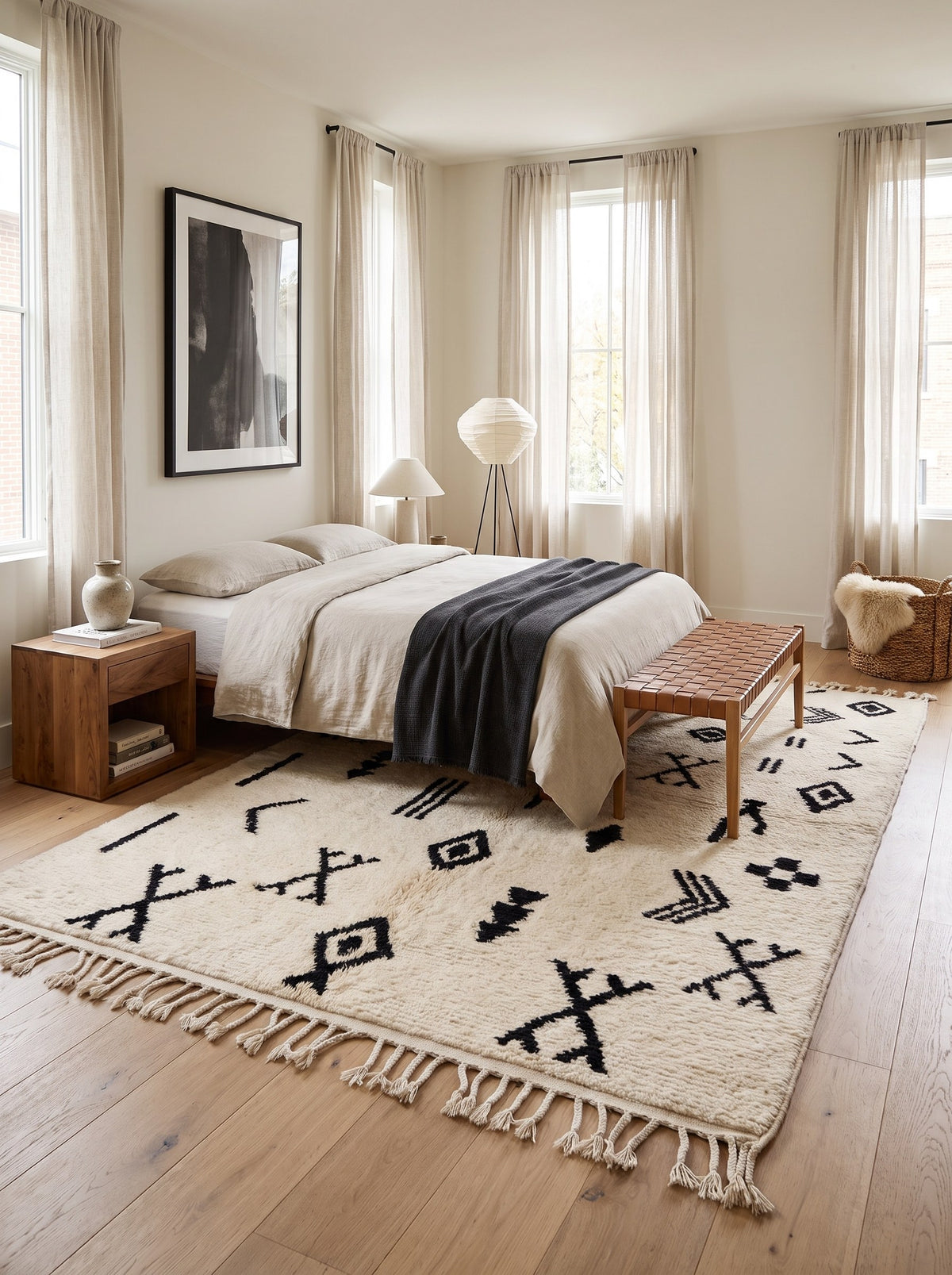 Tapis berbère style Beni Ouarain blanc et noir Tasusmi dans une chambre, noué main au Maroc