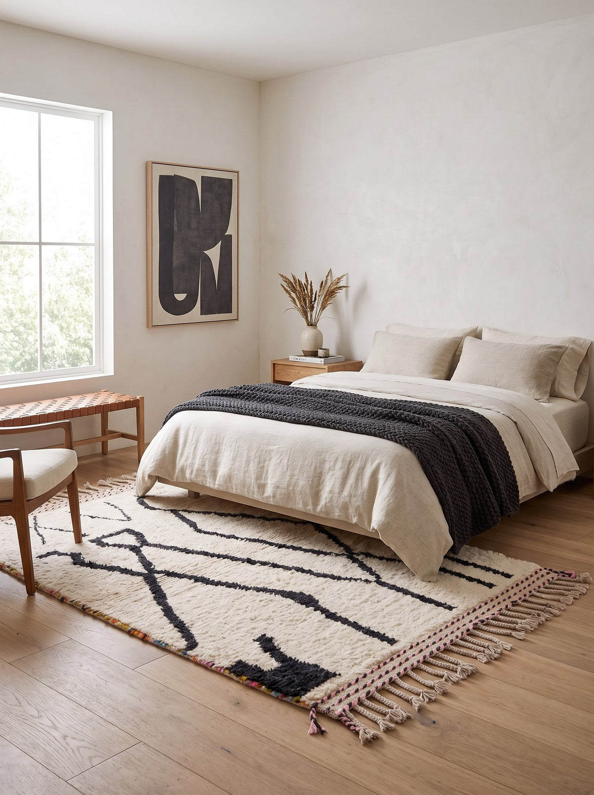 Tapis berbère style Beni Ouarain blanc et noir Tiziri dans une chambre, noué main au Maroc