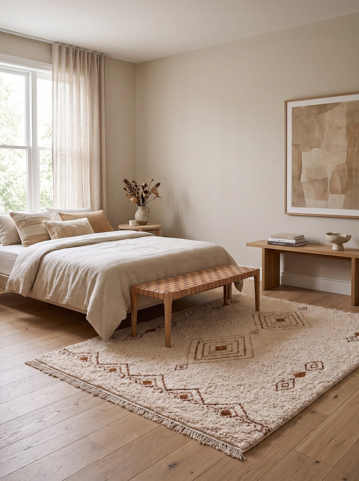 Tapis berbère style Beni Ouarain blanc et ocre Itran dans une chambre, noué main au Maroc