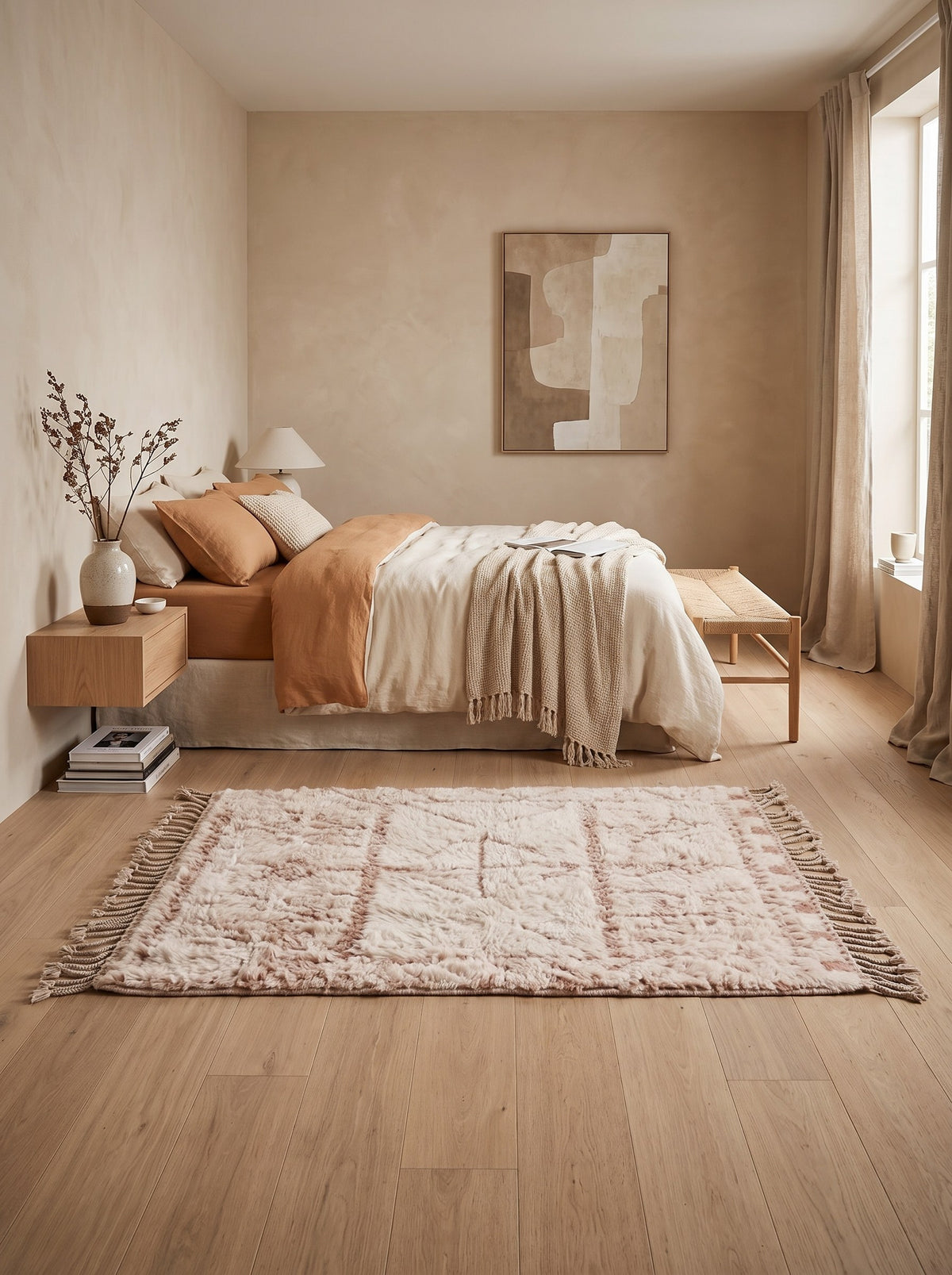 Tapis berbère style Beni Ouarain blanc et rose Timoulay dans une chambre, noué main au Maroc