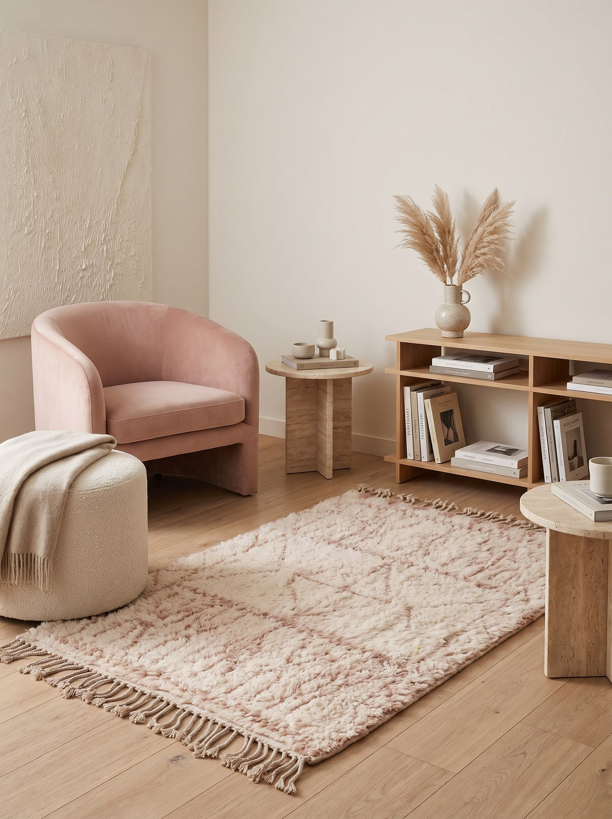 Tapis berbère style Beni Ouarain blanc et rose Timoulay dans un coin lecture, noué main au Maroc