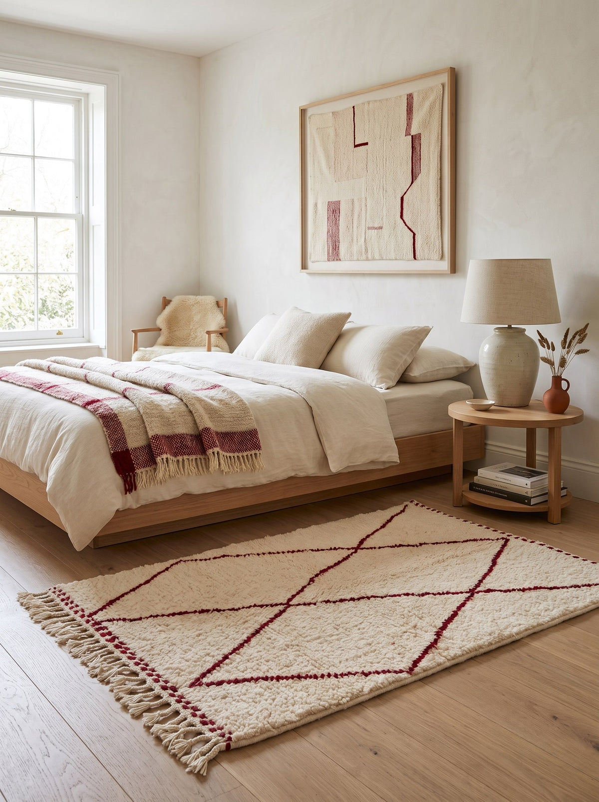 Tapis berbère style Beni Ouarain blanc et rouge Tanemmirt dans une chambre, noué main au Maroc