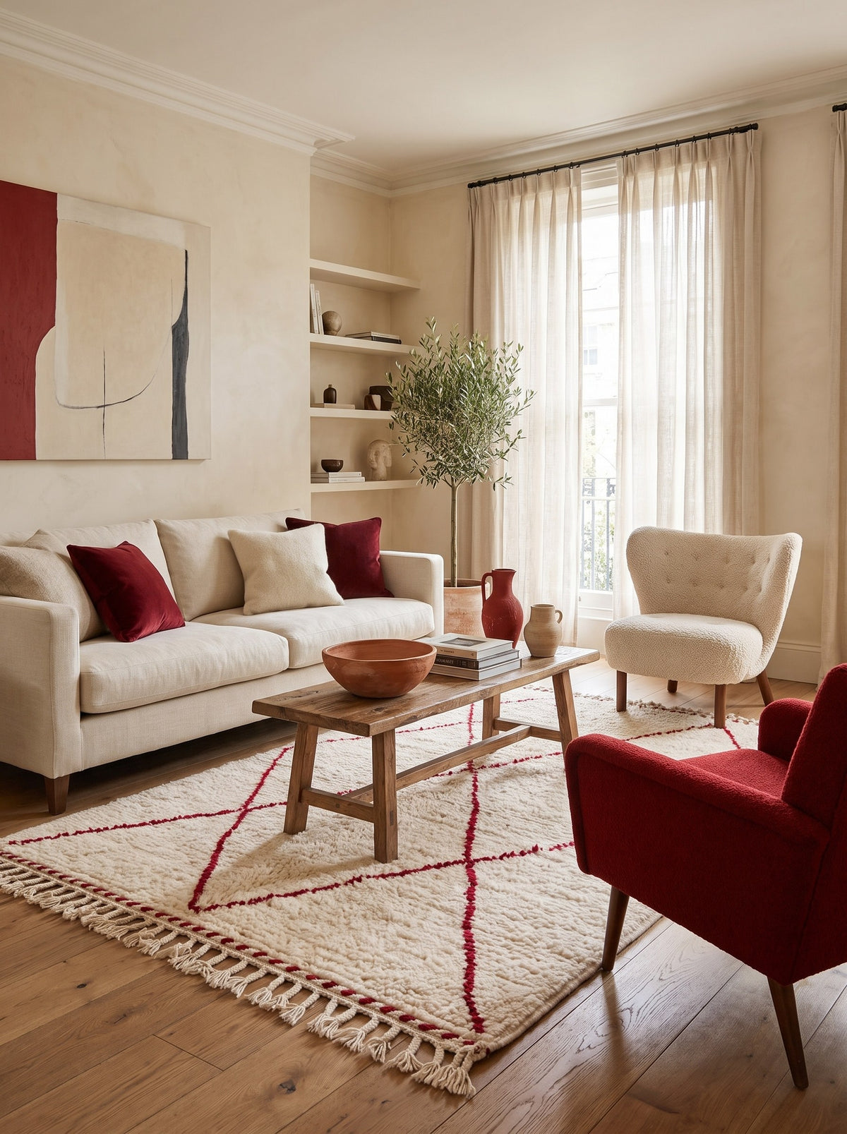 Tapis berbère style Beni Ouarain blanc et rouge Tanemmirt dans un autre salon, noué main au Maroc