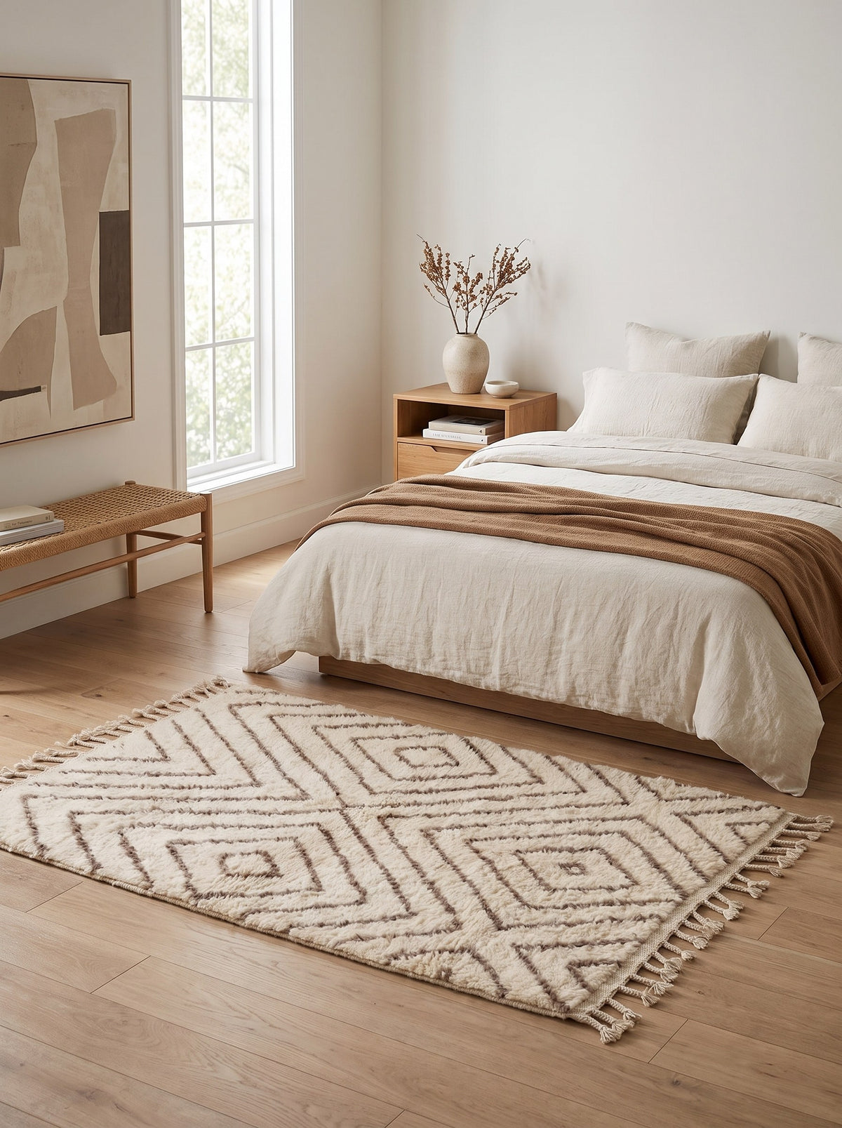 Tapis berbère style Beni Ouarain blanc et taupe Almis dans une chambre, noué main au Maroc